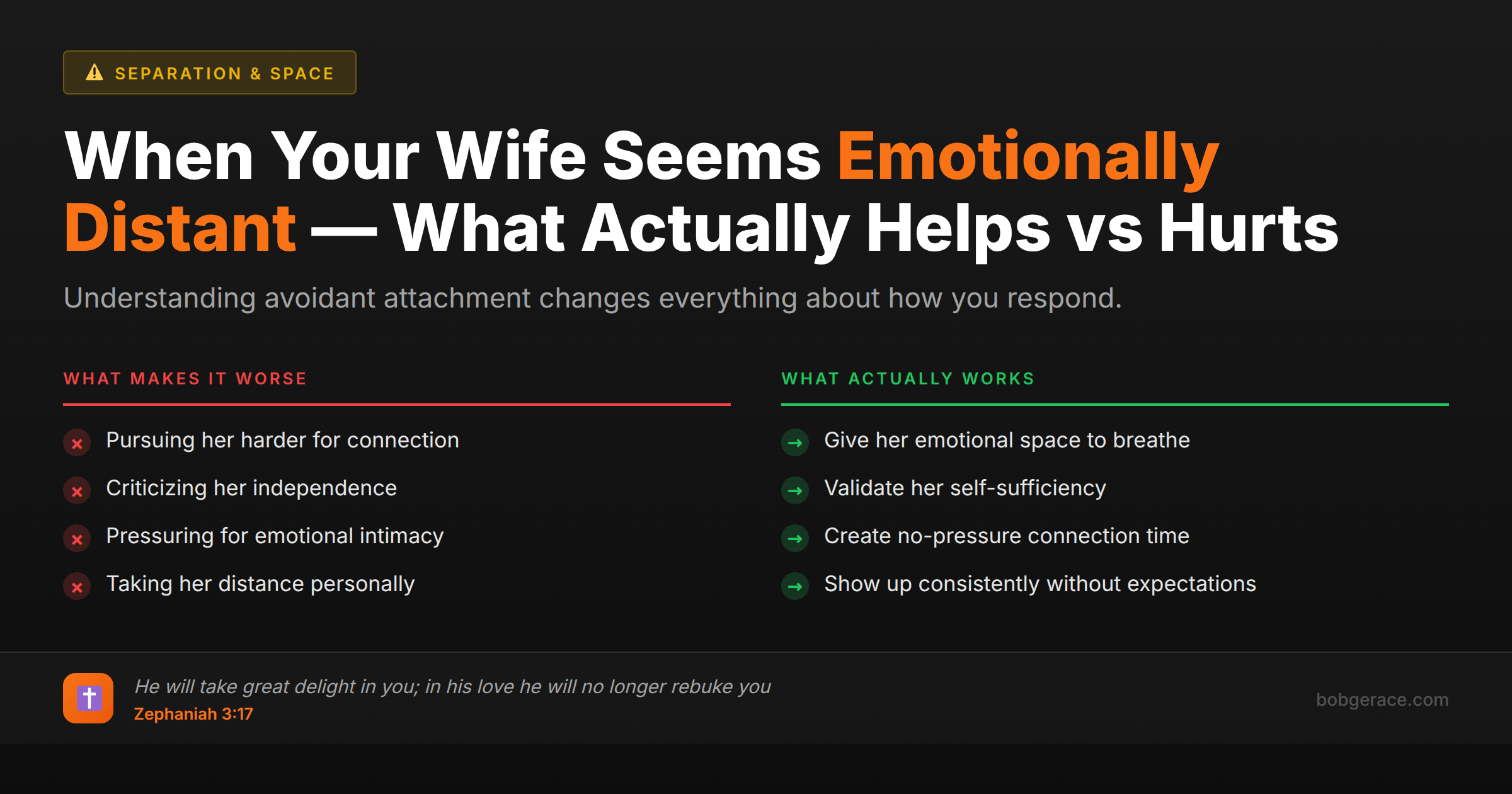 Marriage advice comparing harmful vs helpful responses to an emotionally distant wife with avoidant attachment