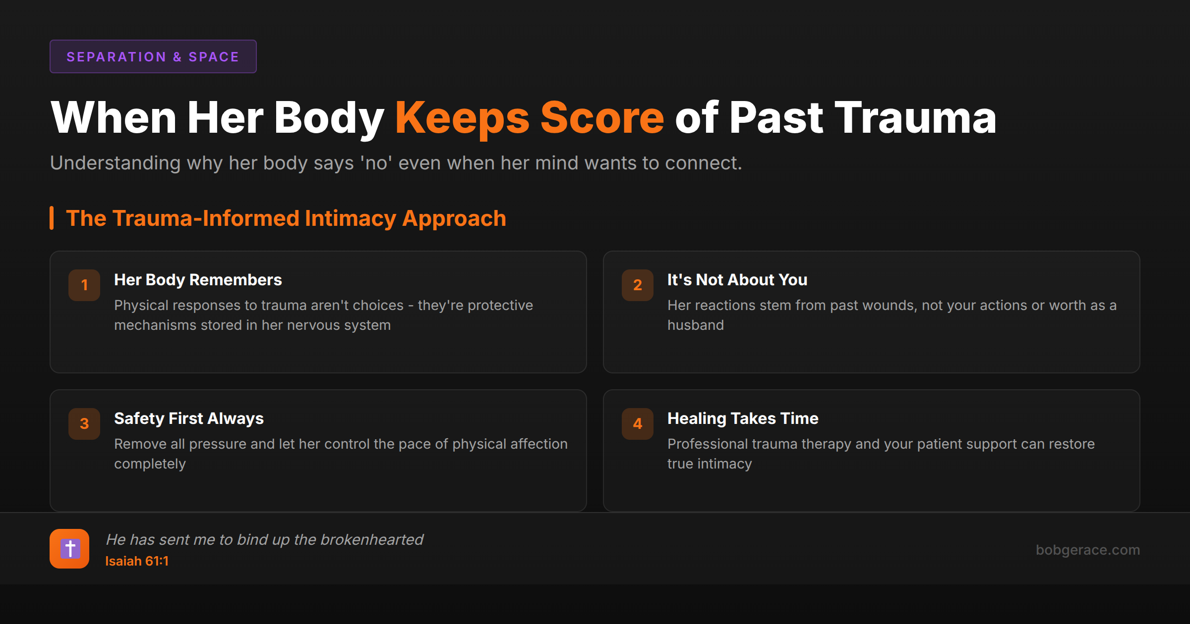 Marriage coaching infographic explaining how trauma affects physical intimacy and the body keeps score framework for husbands