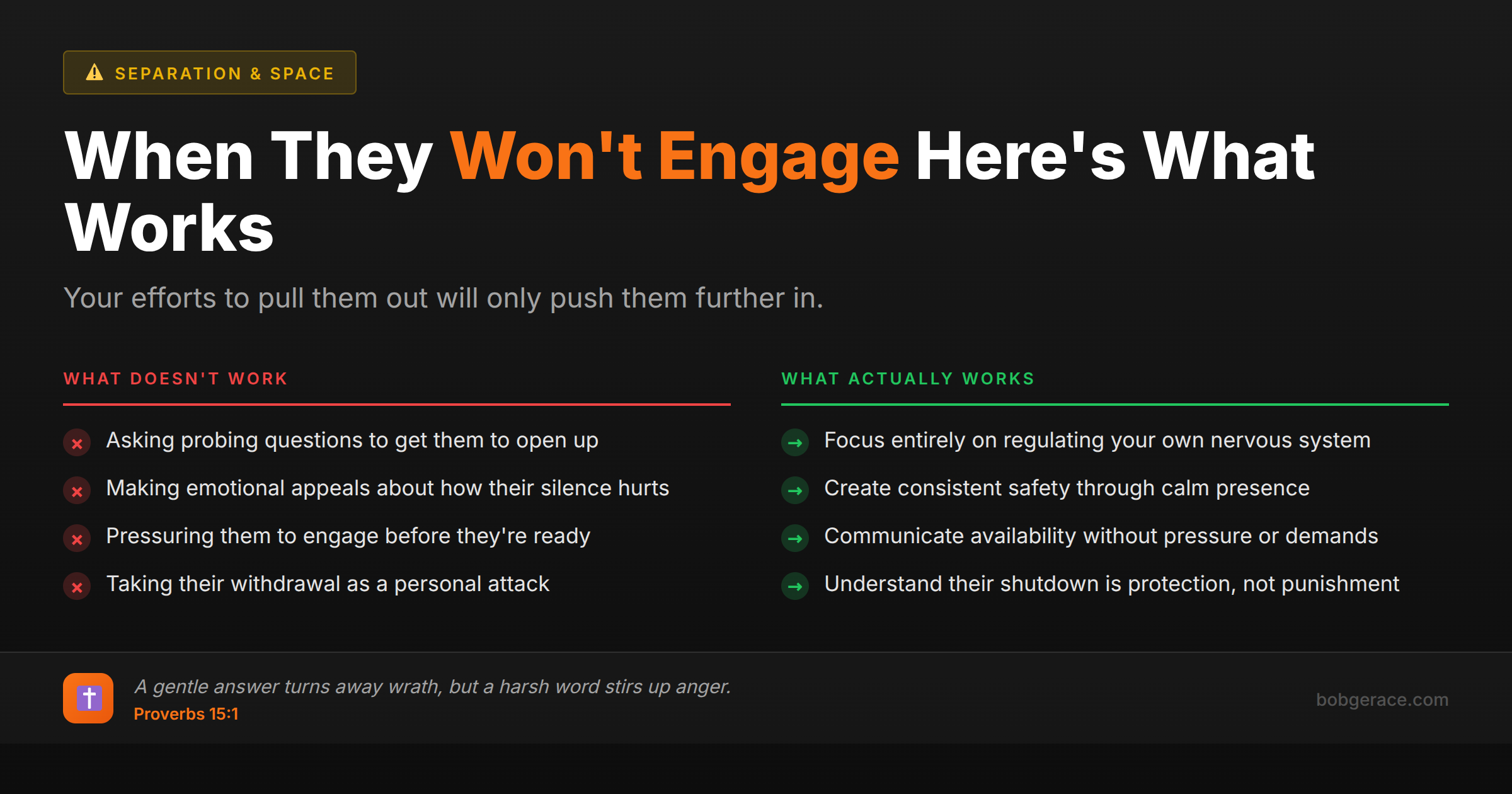 Marriage advice comparing ineffective vs effective approaches for co-regulating with a disengaged spouse who won't engage emotionally