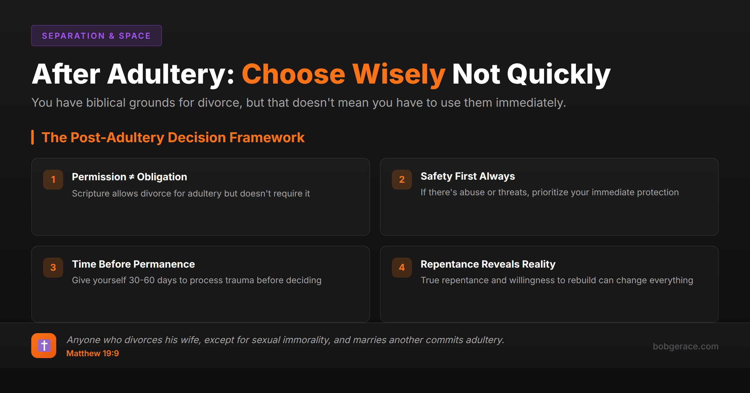 Biblical framework for making decisions after discovering adultery in marriage, showing four key principles for wise decision-making
