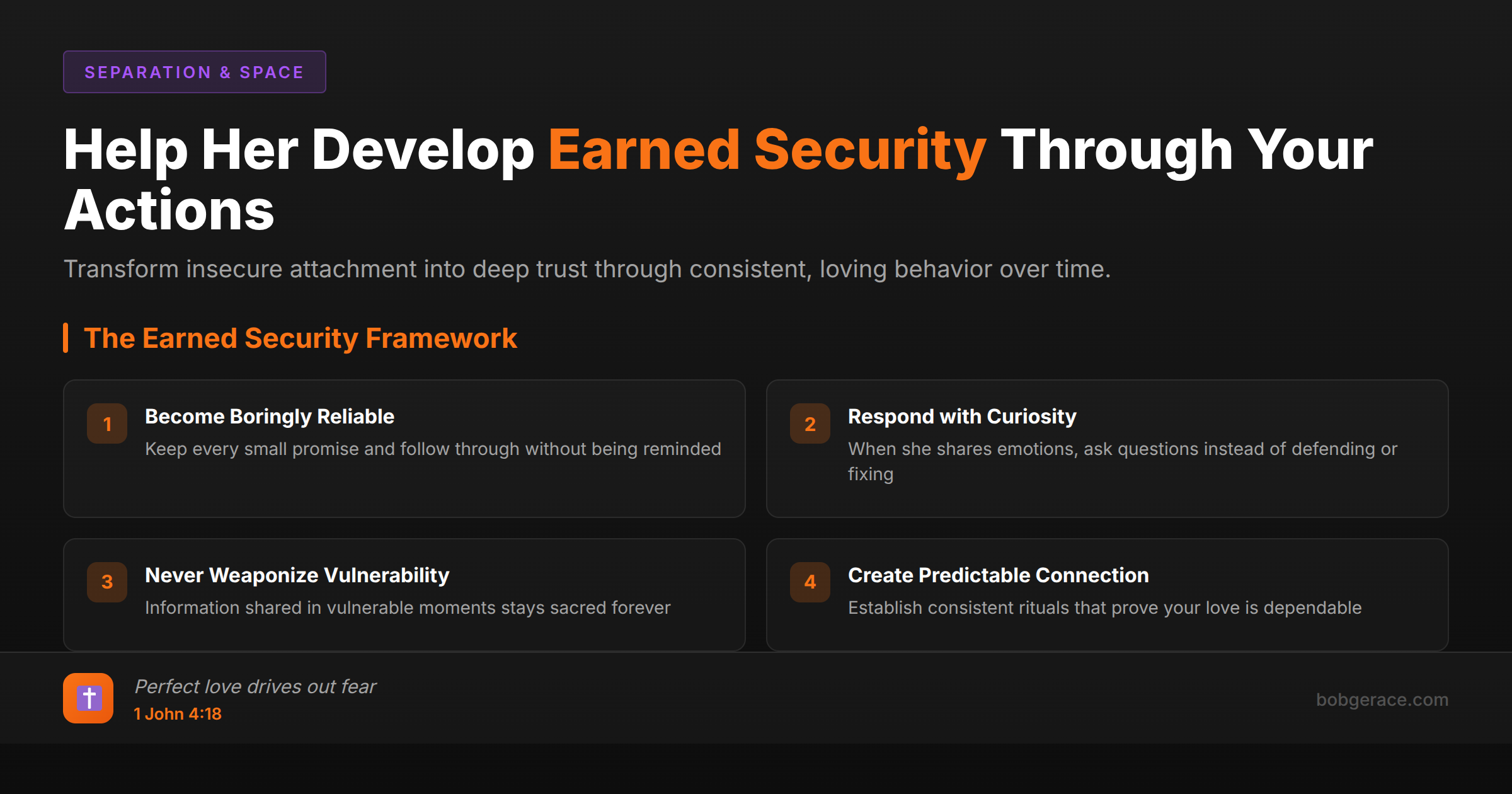 Marriage coaching framework showing four principles to help wife develop earned security through consistent loving actions and building trust over time
