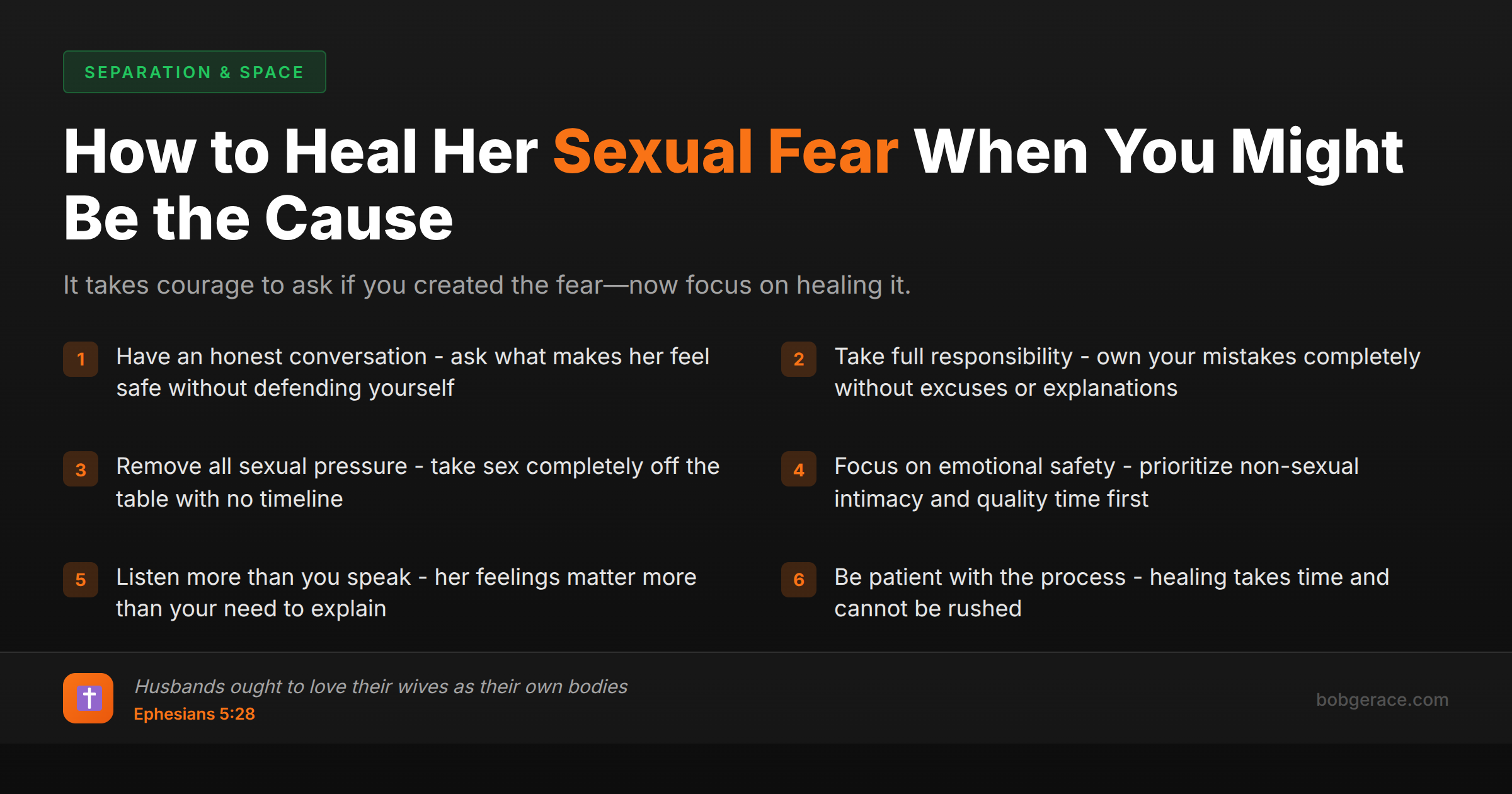 Marriage coaching advice for husbands on healing sexual fear in marriage through emotional safety and responsibility