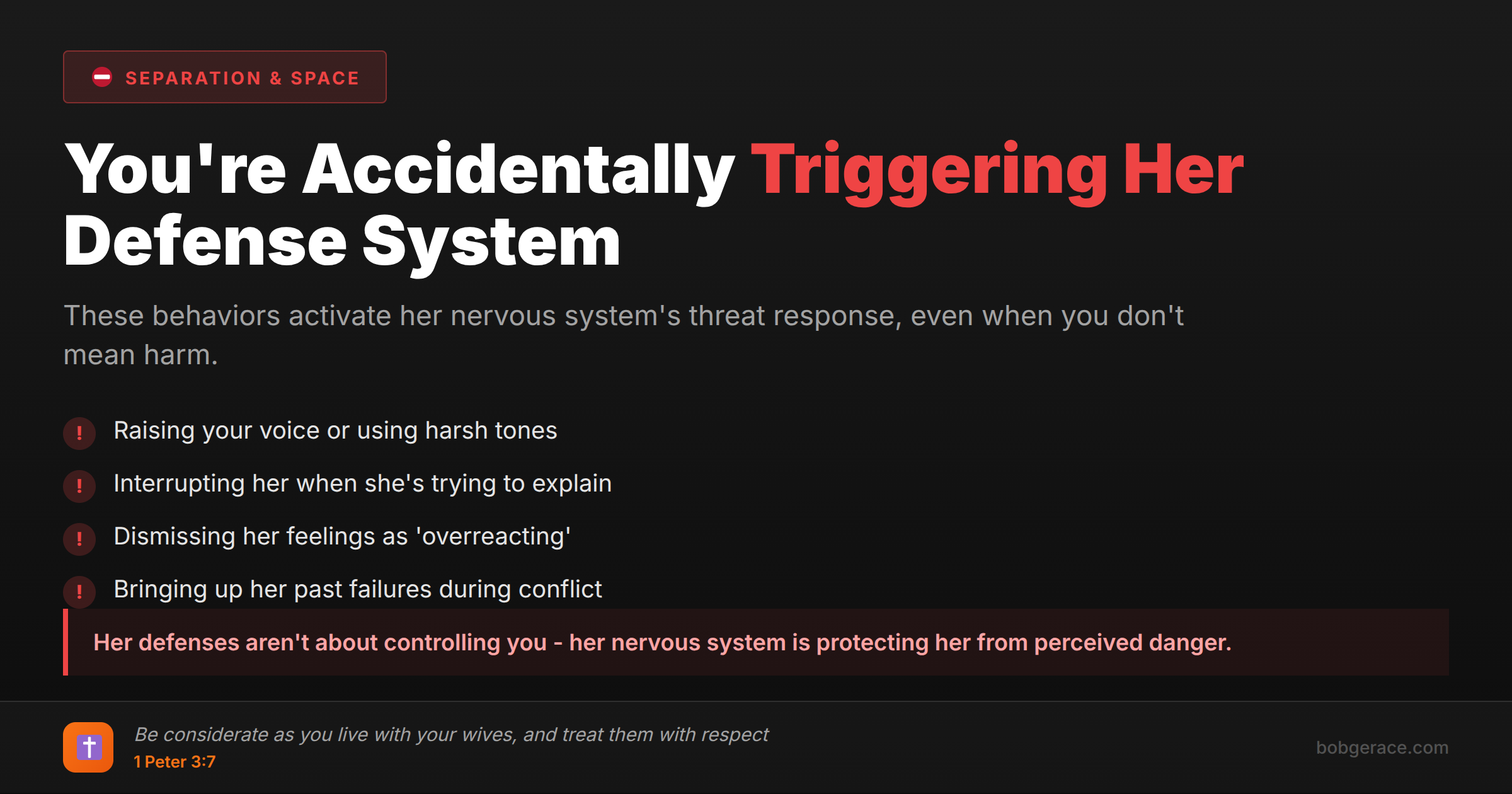 Marriage coaching advice showing behaviors that activate a wife's defensive responses and how husbands can create safety instead