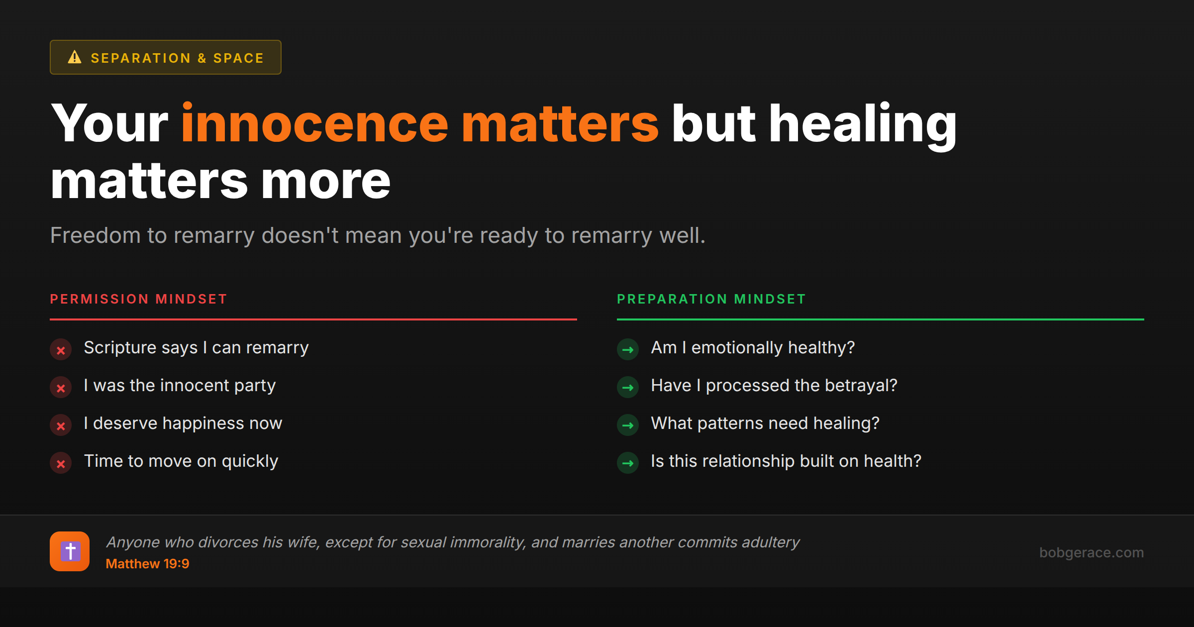 Marriage coaching advice comparing permission mindset vs preparation mindset for innocent party considering remarriage after divorce