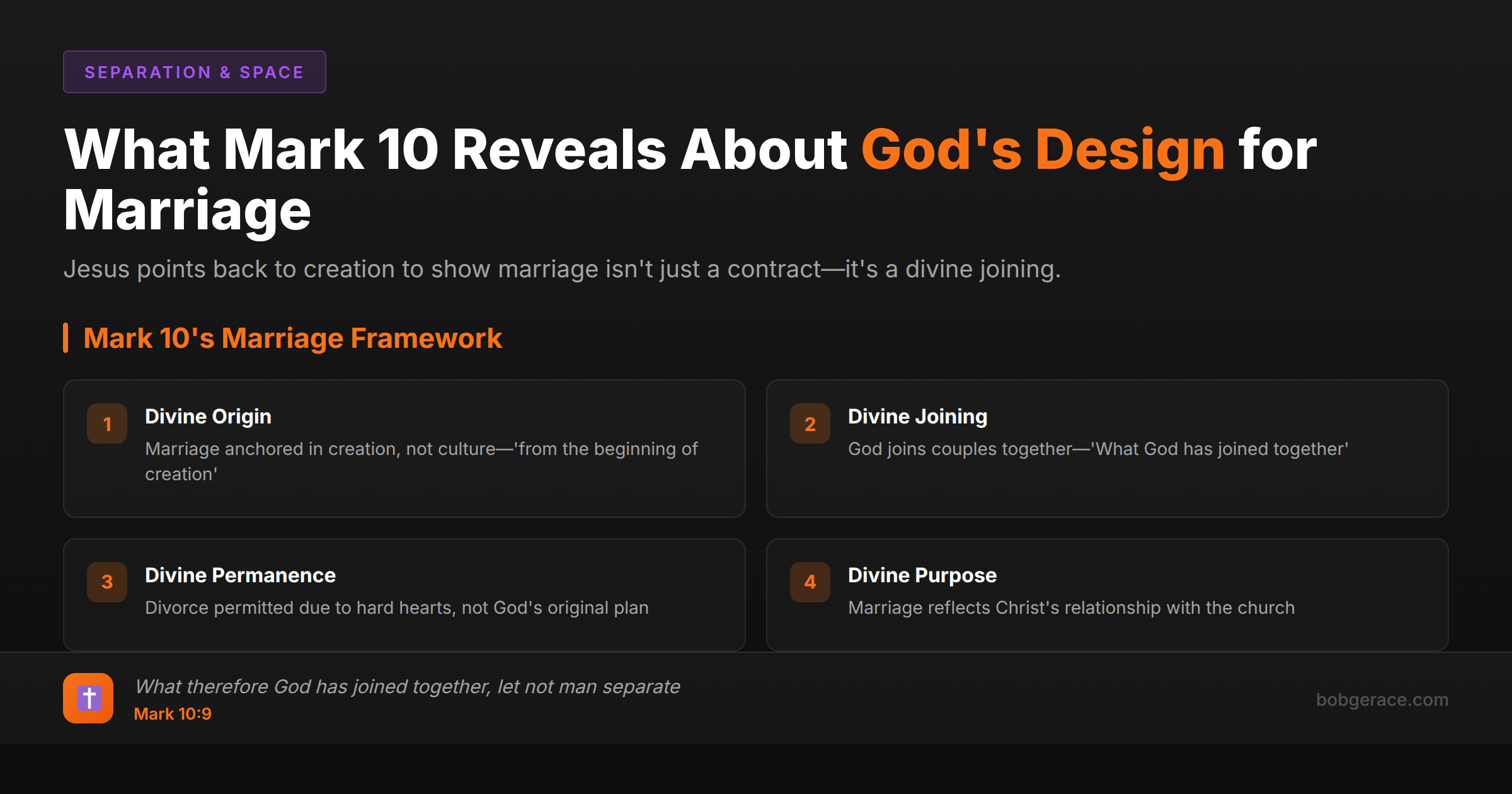 Mark 10's framework showing God's design for marriage including divine origin, joining, permanence and purpose with Bible verse