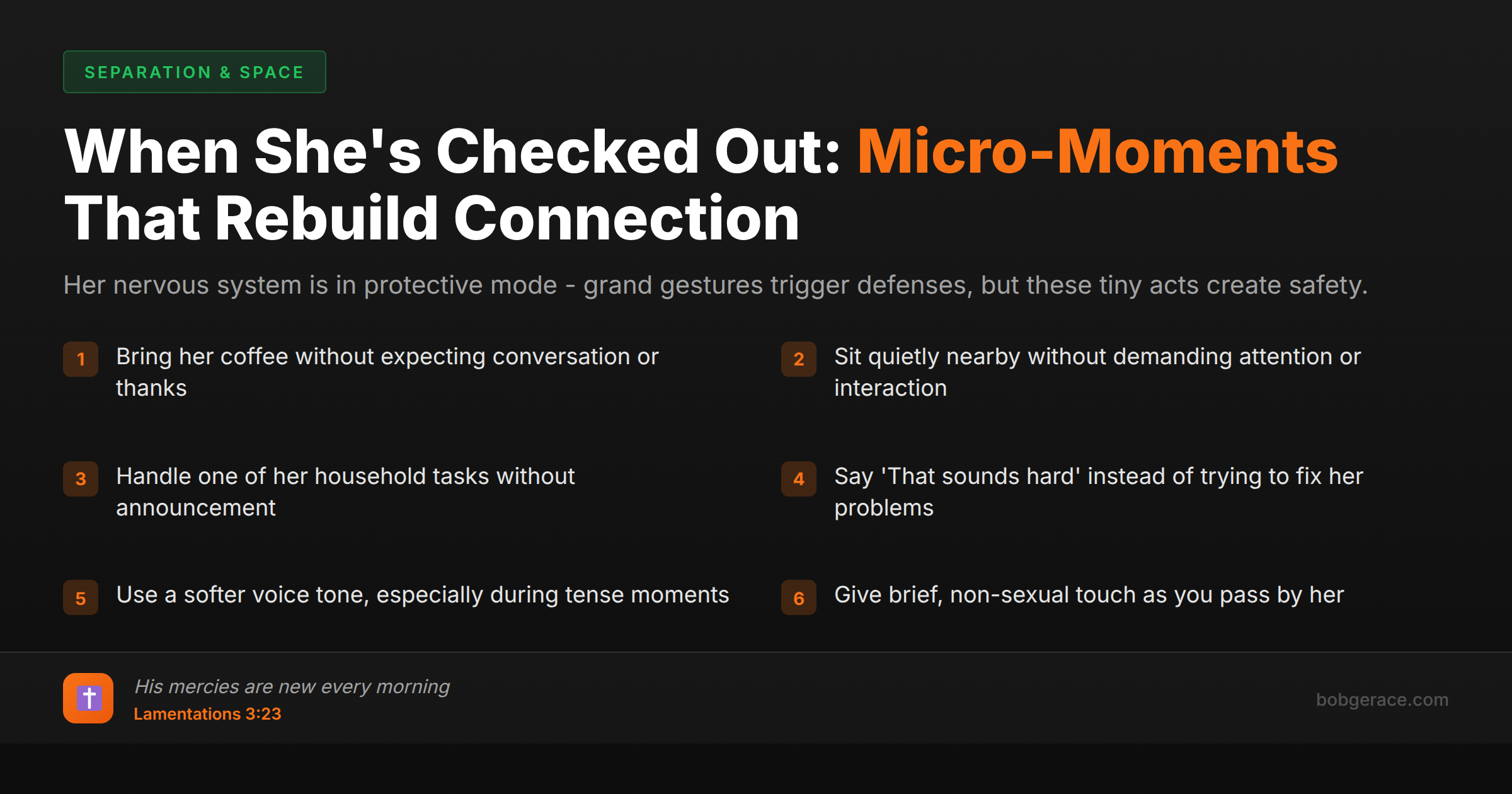 Marriage coaching advice showing 6 micro-moments that help reconnect with a wife who has emotionally checked out, emphasizing gentle actions that create safety rather than triggering defenses