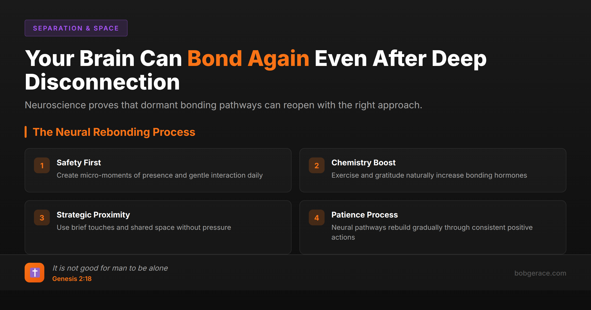 Marriage coaching infographic explaining how neural bonding pathways can reopen after disconnection through neuroplasticity and intentional actions