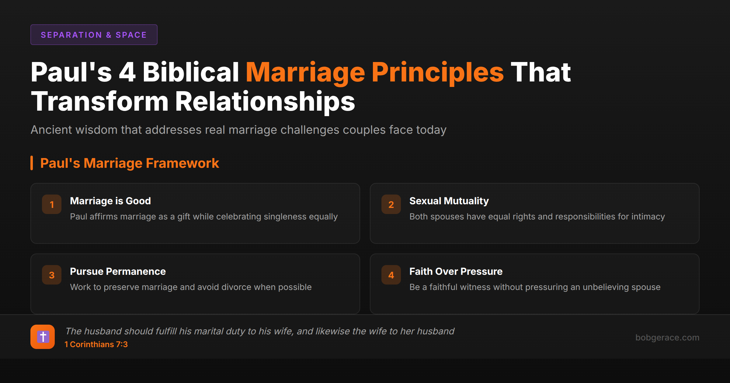 Paul's 4 Biblical Marriage Principles from 1 Corinthians 7 - framework for Christian couples showing marriage is good, sexual mutuality, pursue permanence, and faith over pressure