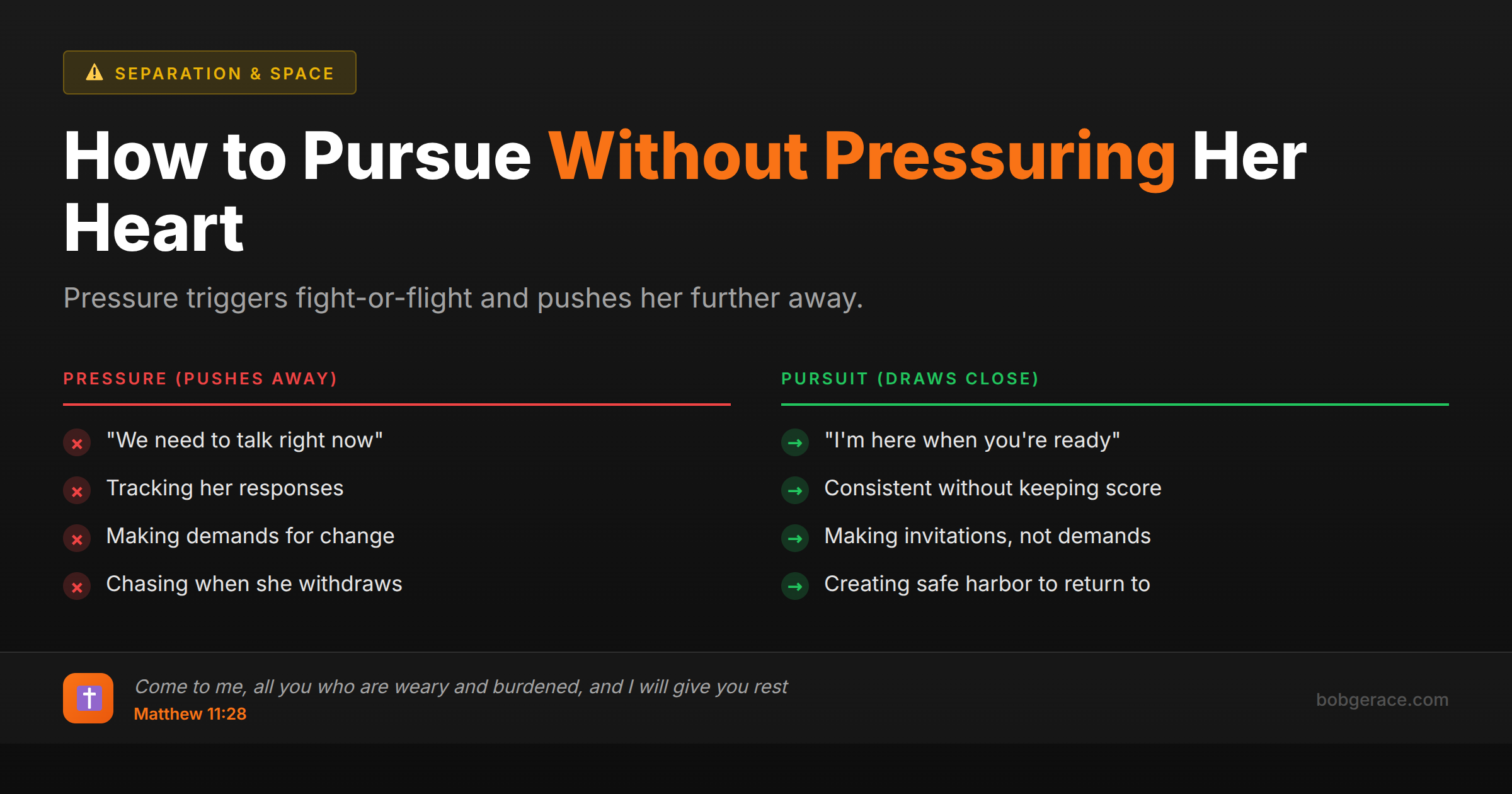 Marriage coaching advice comparing pressure vs pursuit approaches to win back wife's heart