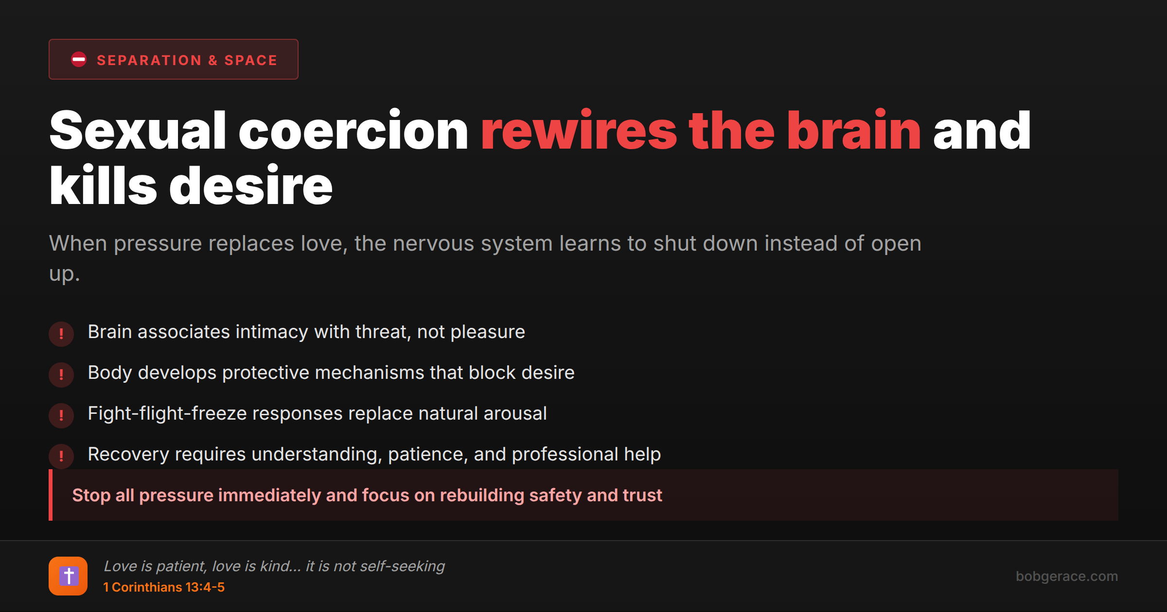 Warning signs that sexual coercion rewires the brain and damages natural desire patterns, with biblical truth about patient love