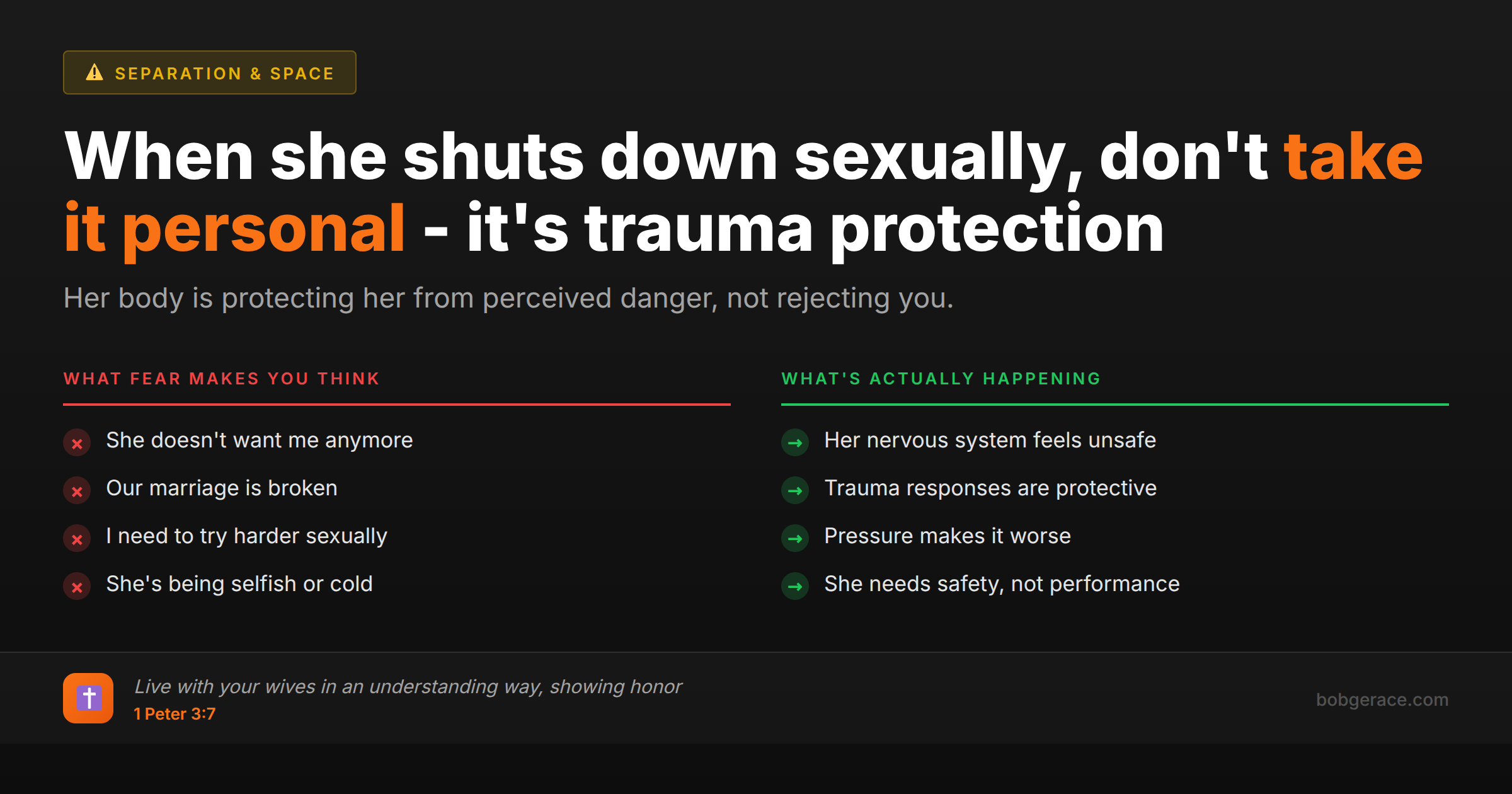 Marriage advice comparing wrong assumptions vs truth about sexual shutdown and trauma responses in marriage