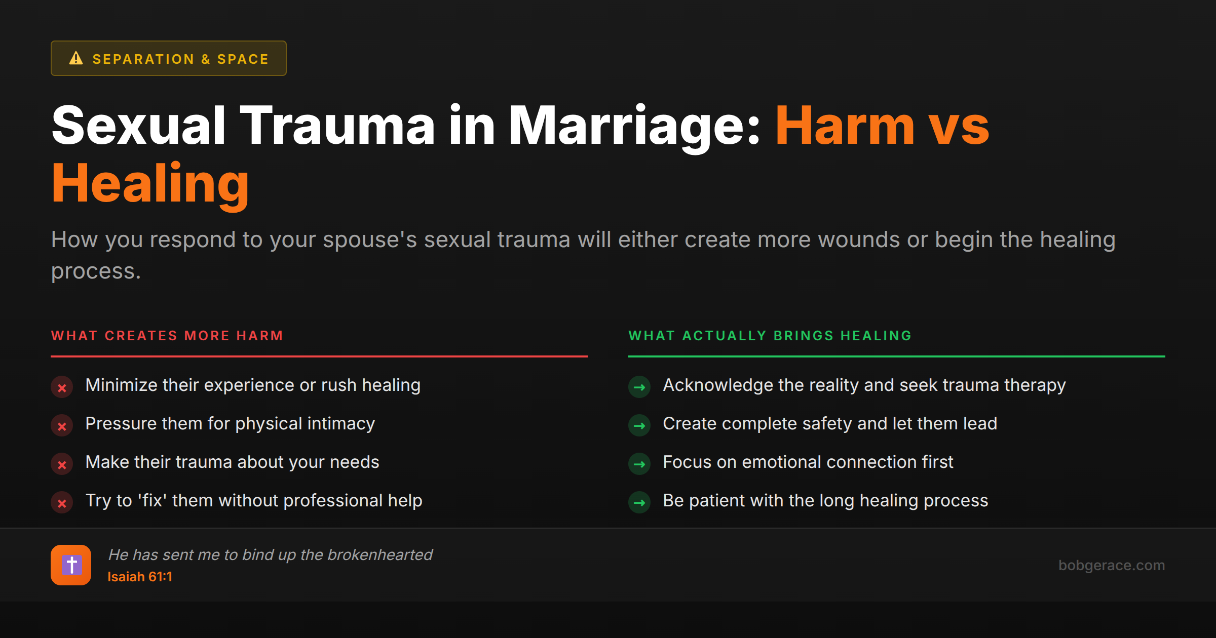 Marriage coaching infographic comparing harmful vs healing responses to sexual trauma in marriage relationships