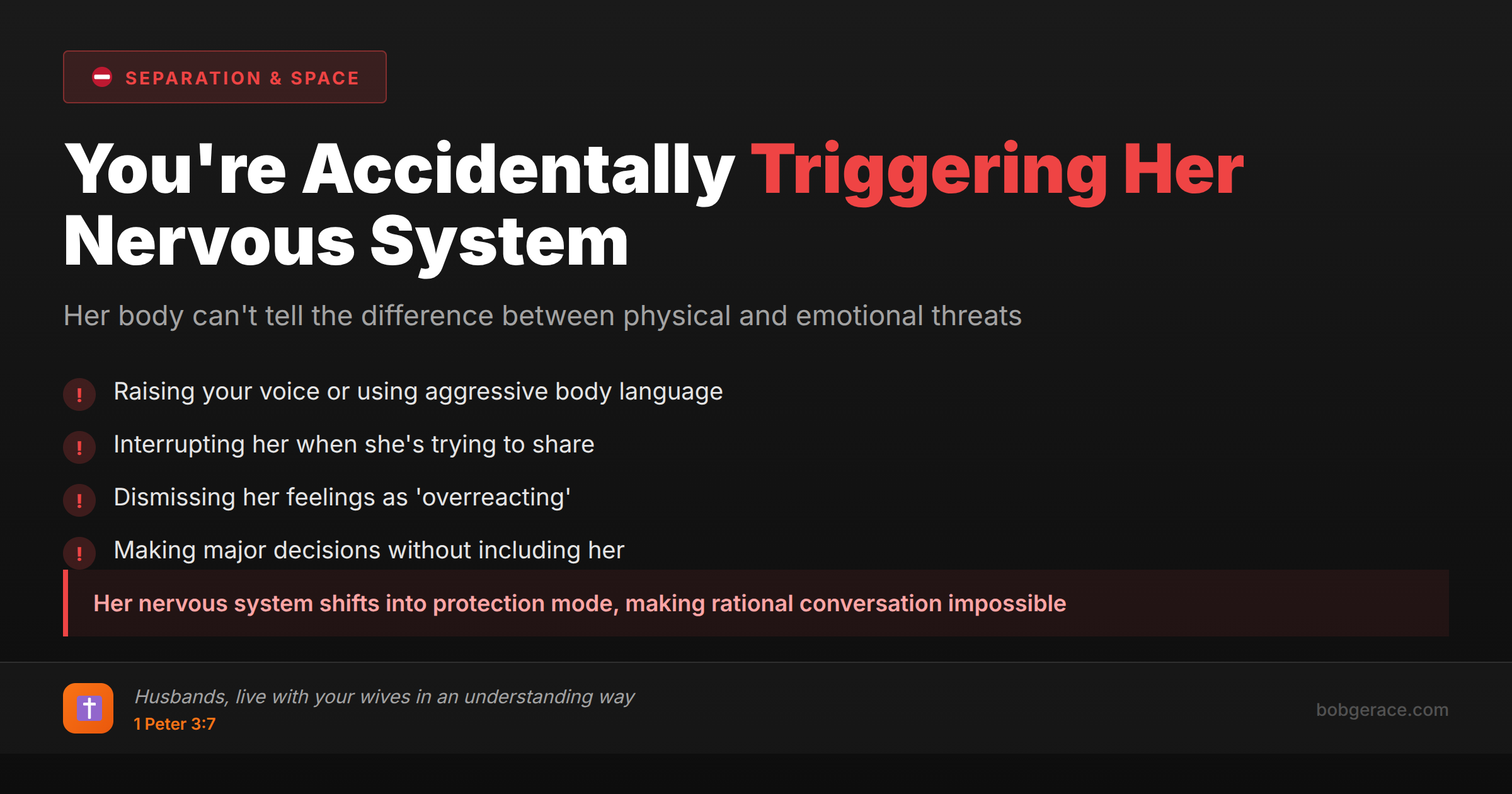 Warning signs that accidentally trigger a wife's nervous system threat response in marriage