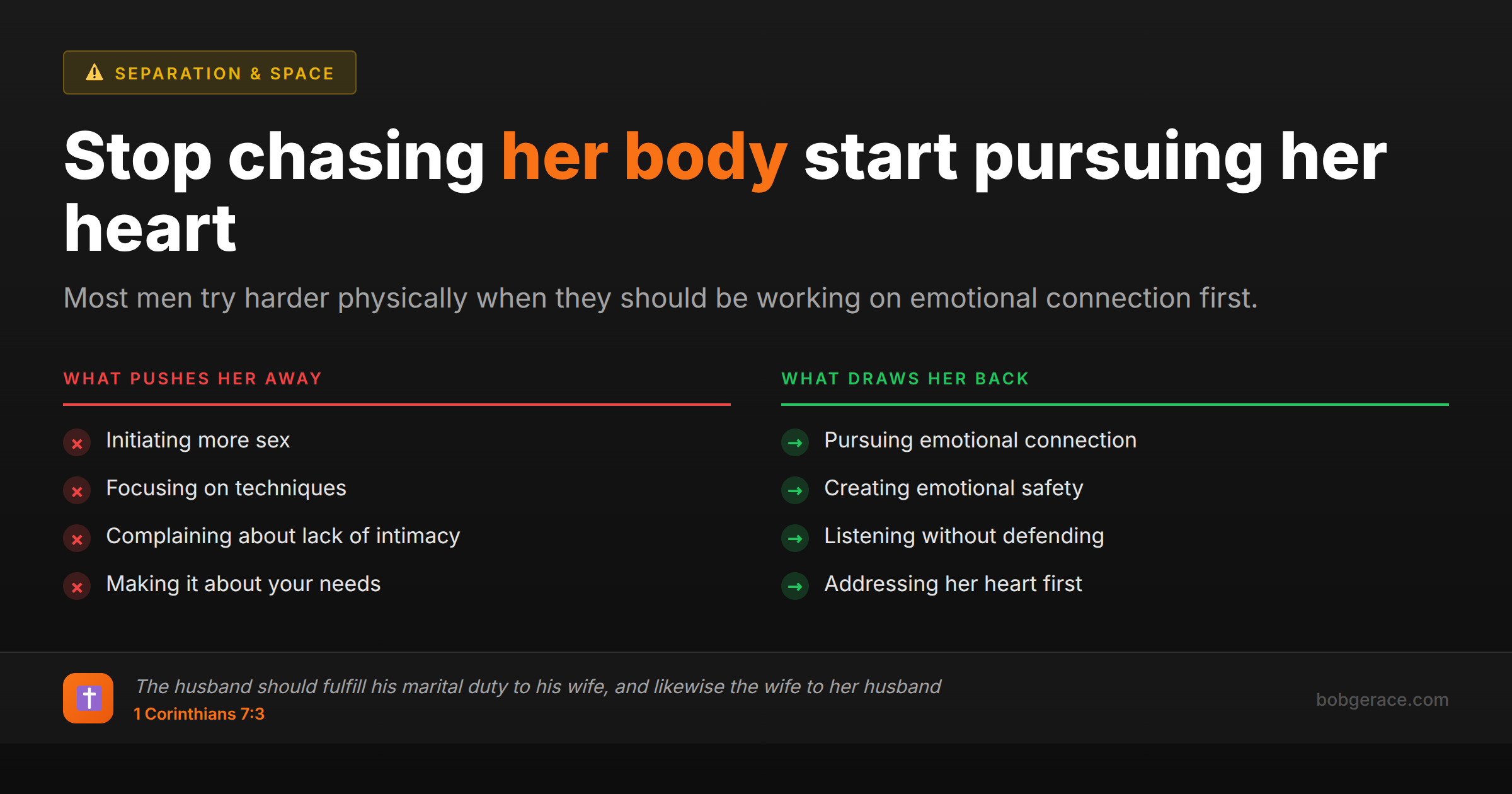 Marriage advice comparing wrong vs right approaches to rebuilding physical intimacy - stop chasing her body and start pursuing her heart