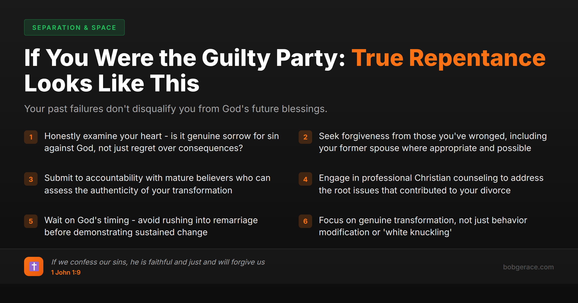Marriage coaching checklist showing 6 steps for true repentance after being the guilty party in divorce, with Bible verse about God's forgiveness