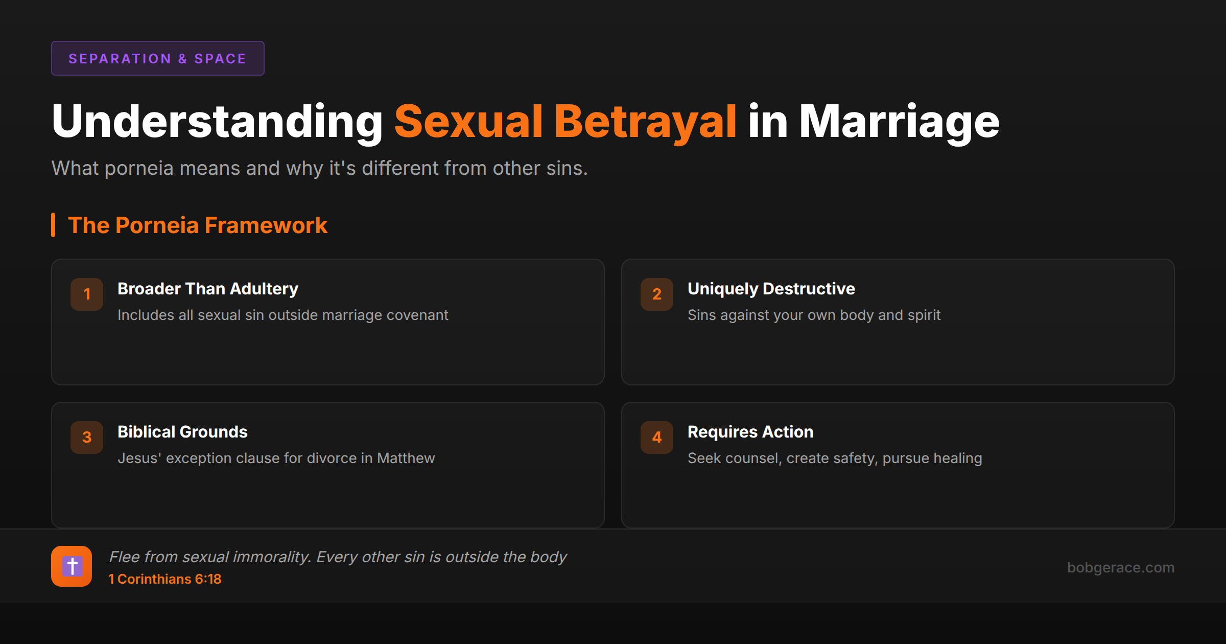 Framework explaining porneia (sexual immorality) in marriage - what it includes and why it's uniquely serious according to Scripture