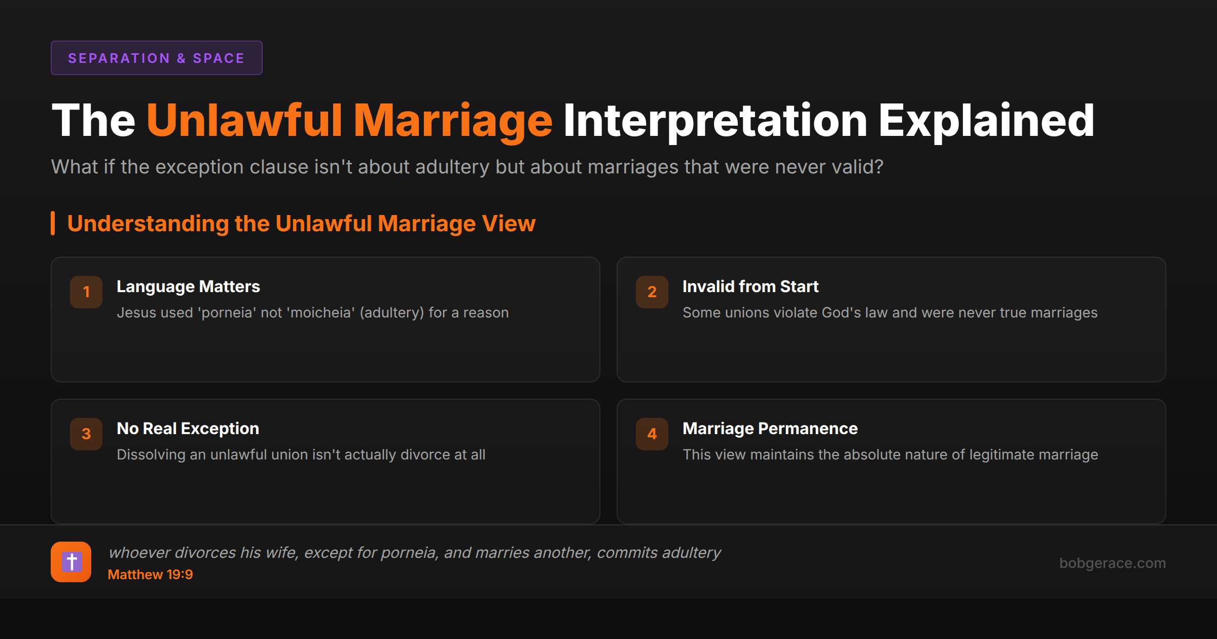 Framework explaining the unlawful marriage interpretation of Matthew 19:9 divorce exception clause for Christian marriage coaching
