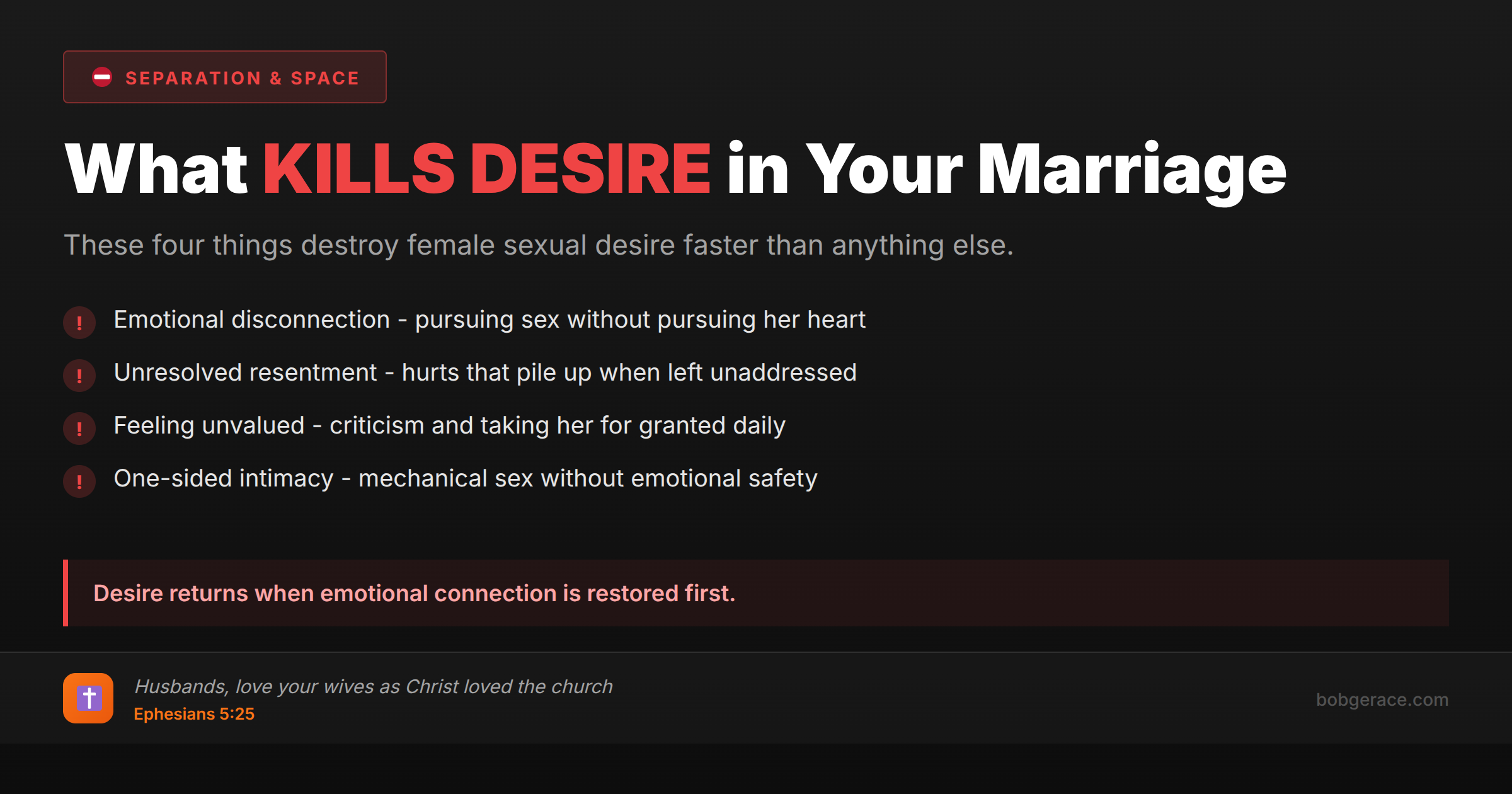 Warning signs that kill female sexual desire in marriage - emotional disconnection, unresolved resentment, feeling unvalued, and one-sided intimacy