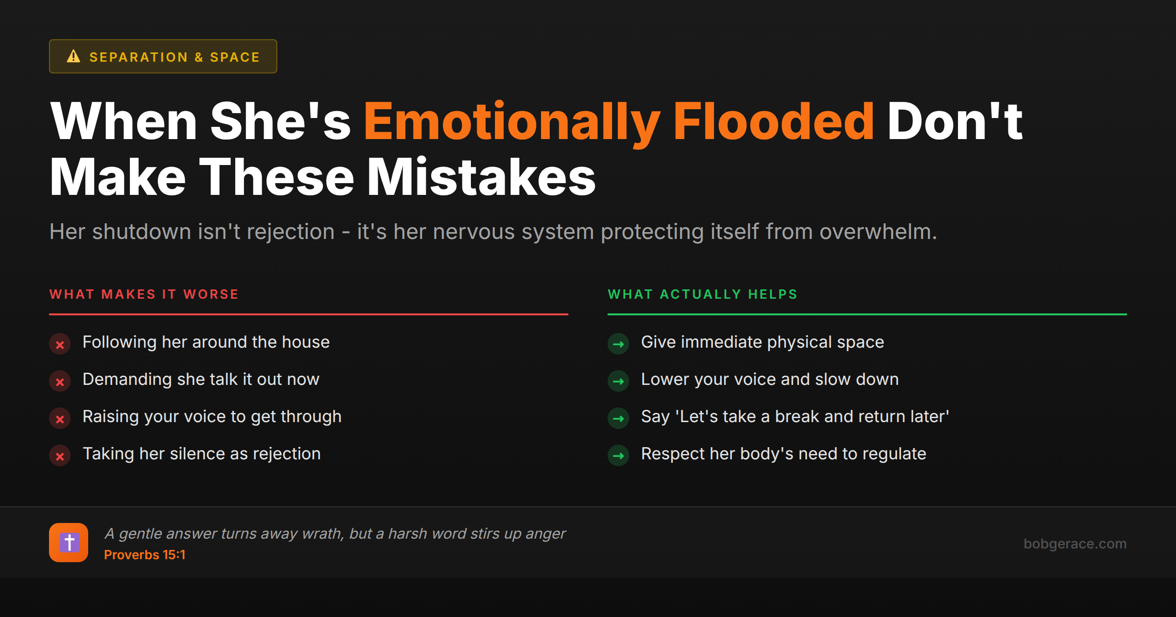Marriage advice comparing wrong vs right responses when wife is emotionally flooded and shuts down during conflict