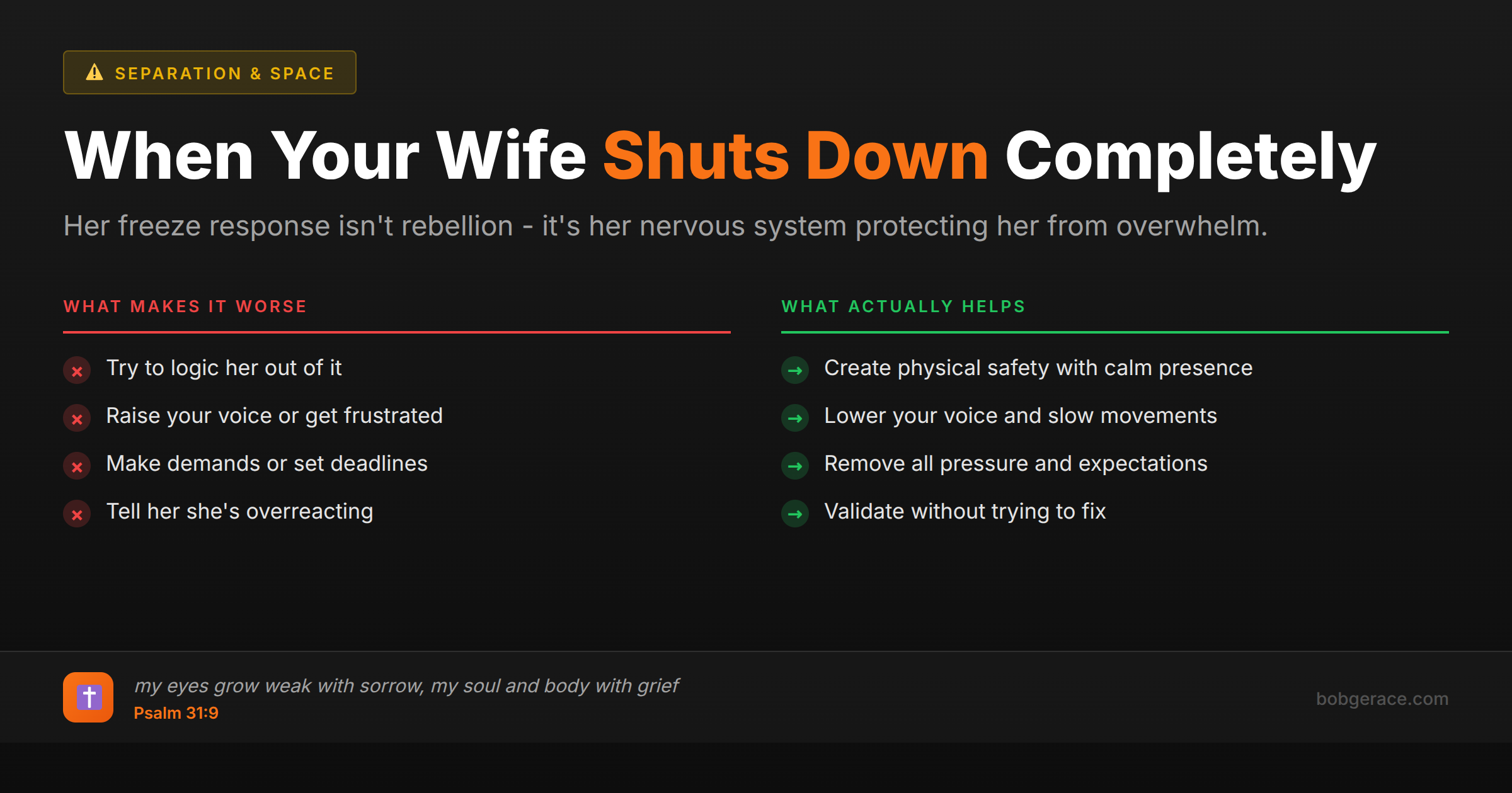 Marriage advice comparing wrong vs right responses when wife emotionally shuts down due to polyvagal freeze response