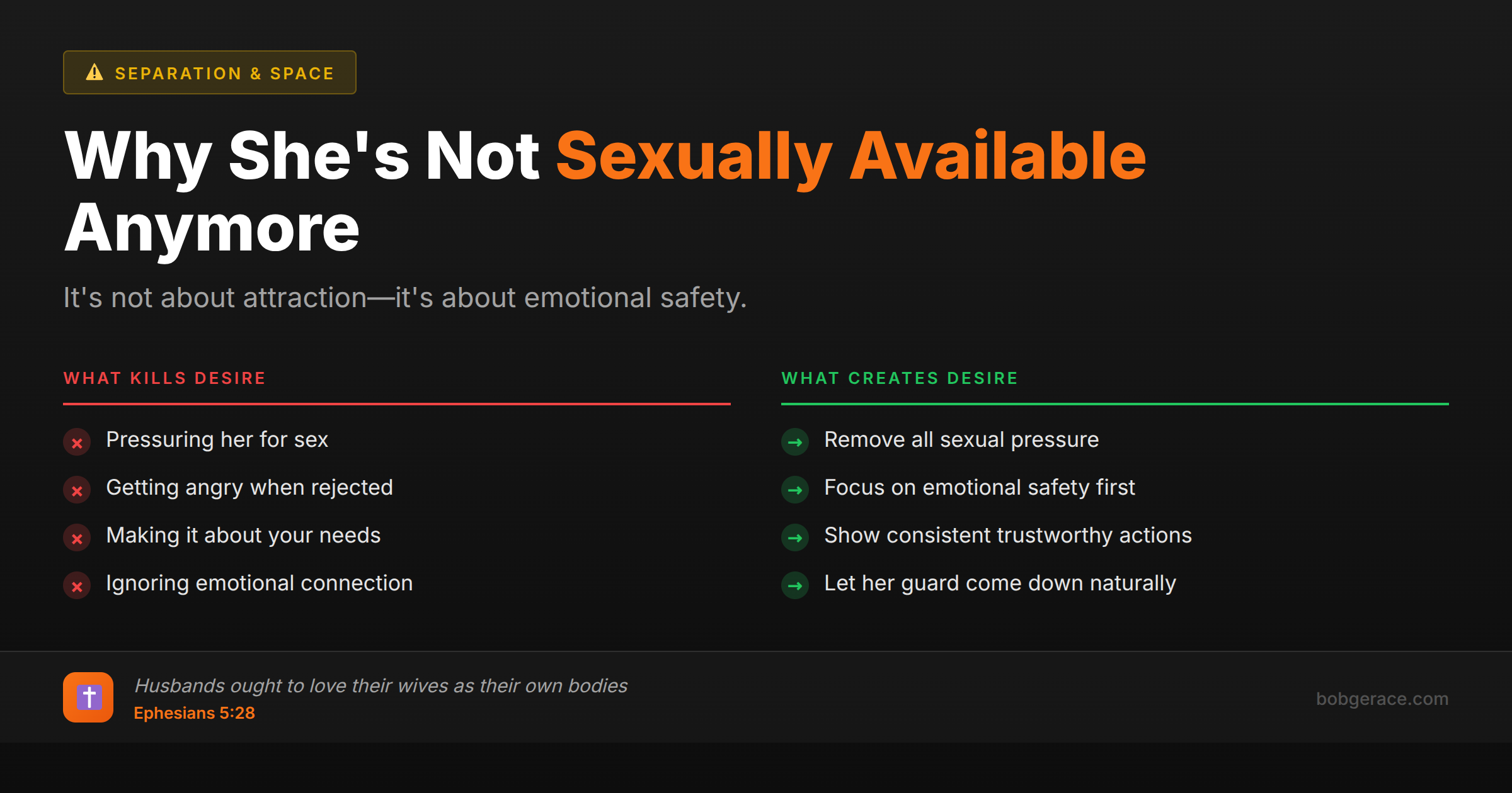 Marriage advice comparing what kills sexual desire vs what creates desire, focusing on emotional safety over pressure