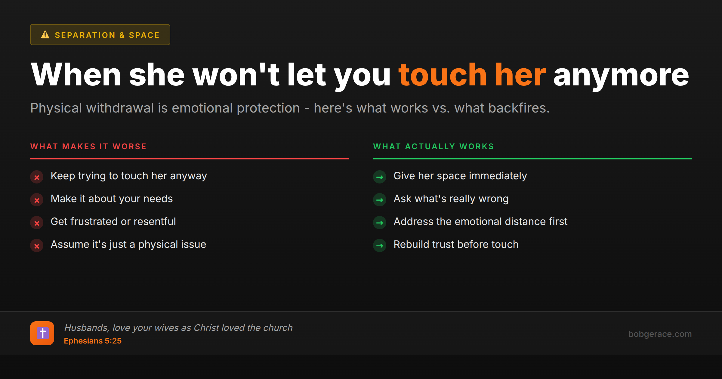 Marriage advice comparing wrong vs right approaches when wife doesn't want physical touch, with biblical guidance for husbands