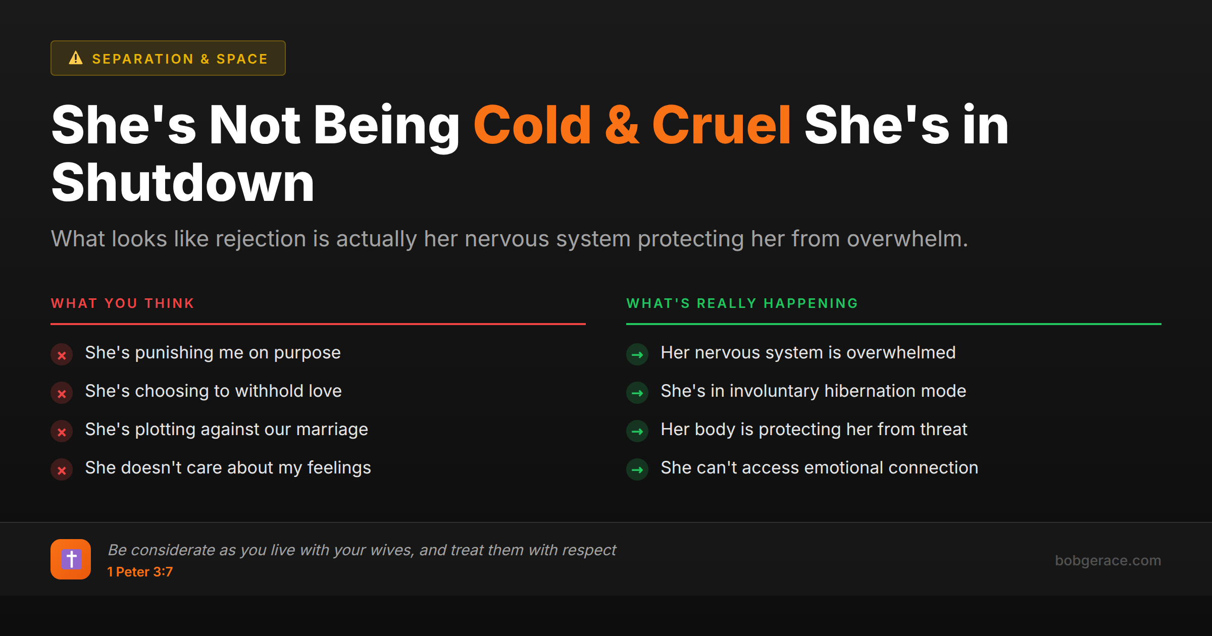 Marriage coaching infographic explaining the difference between deliberate coldness and involuntary emotional shutdown in wives