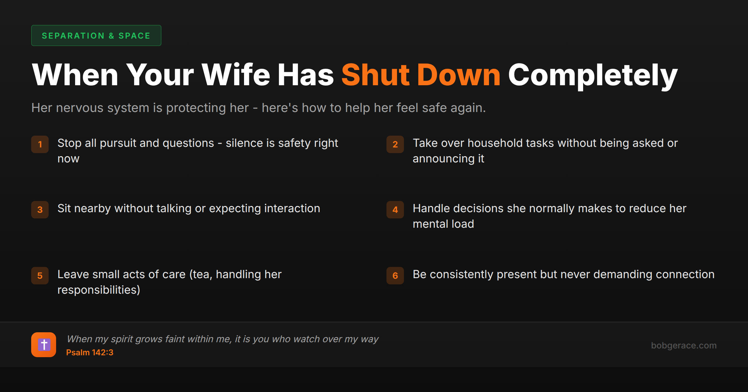 Marriage coaching advice for husbands when wife has emotionally shut down showing checklist of actions to provide safety and support