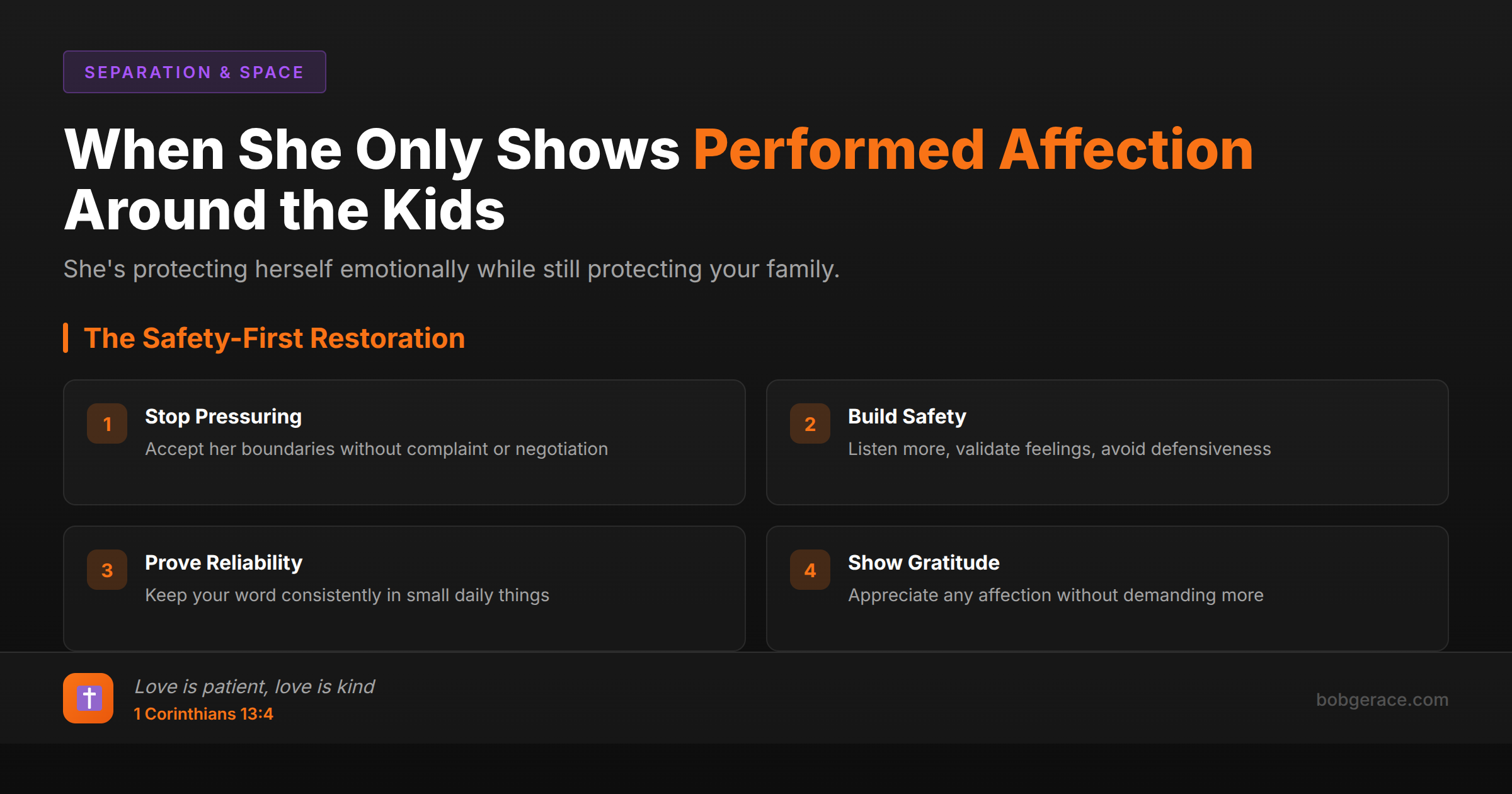 Marriage coaching advice for when wife only shows affection in front of children - performed vs genuine connection framework
