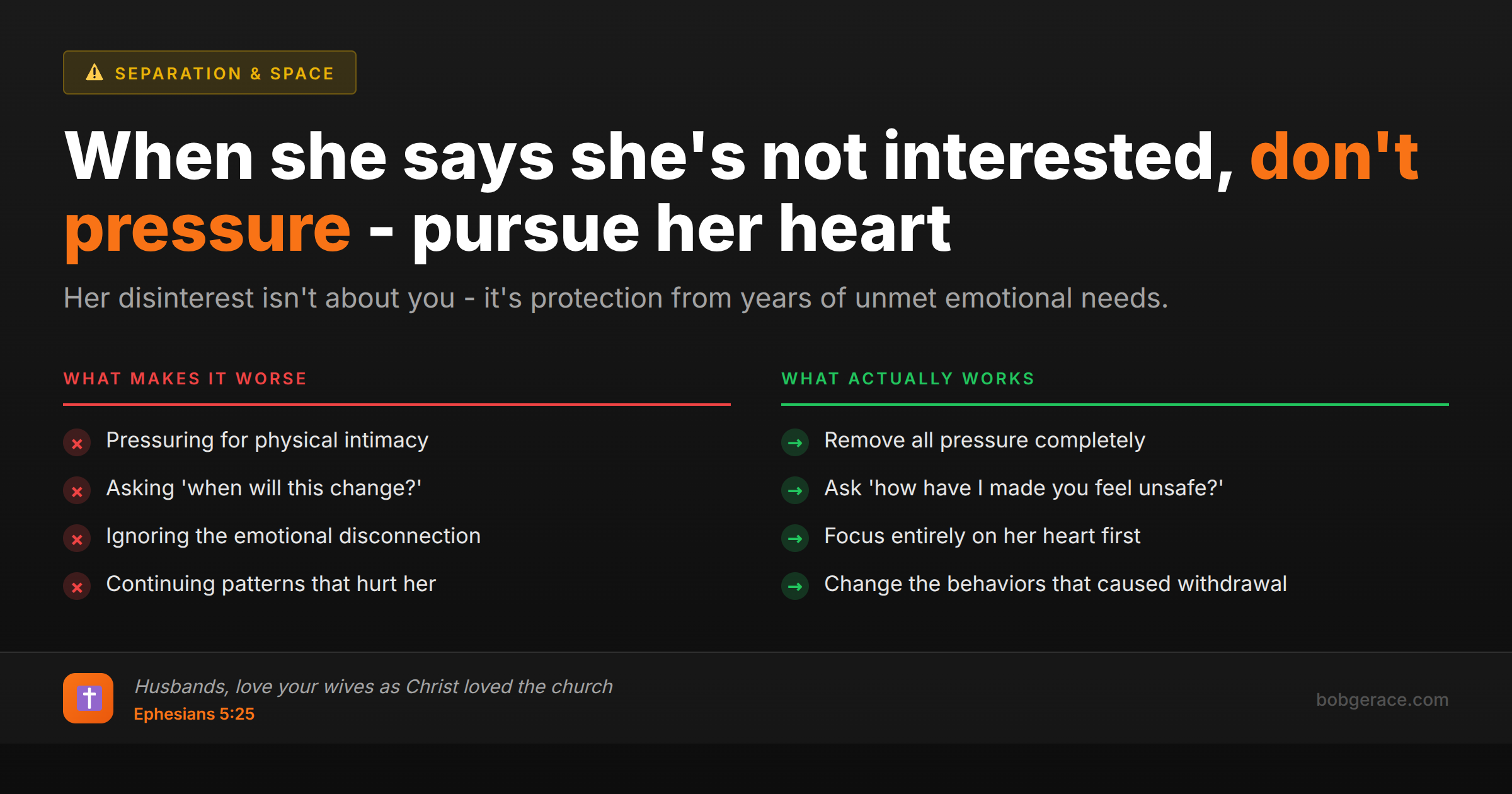 Marriage advice comparing wrong vs right responses when wife says she's not interested anymore