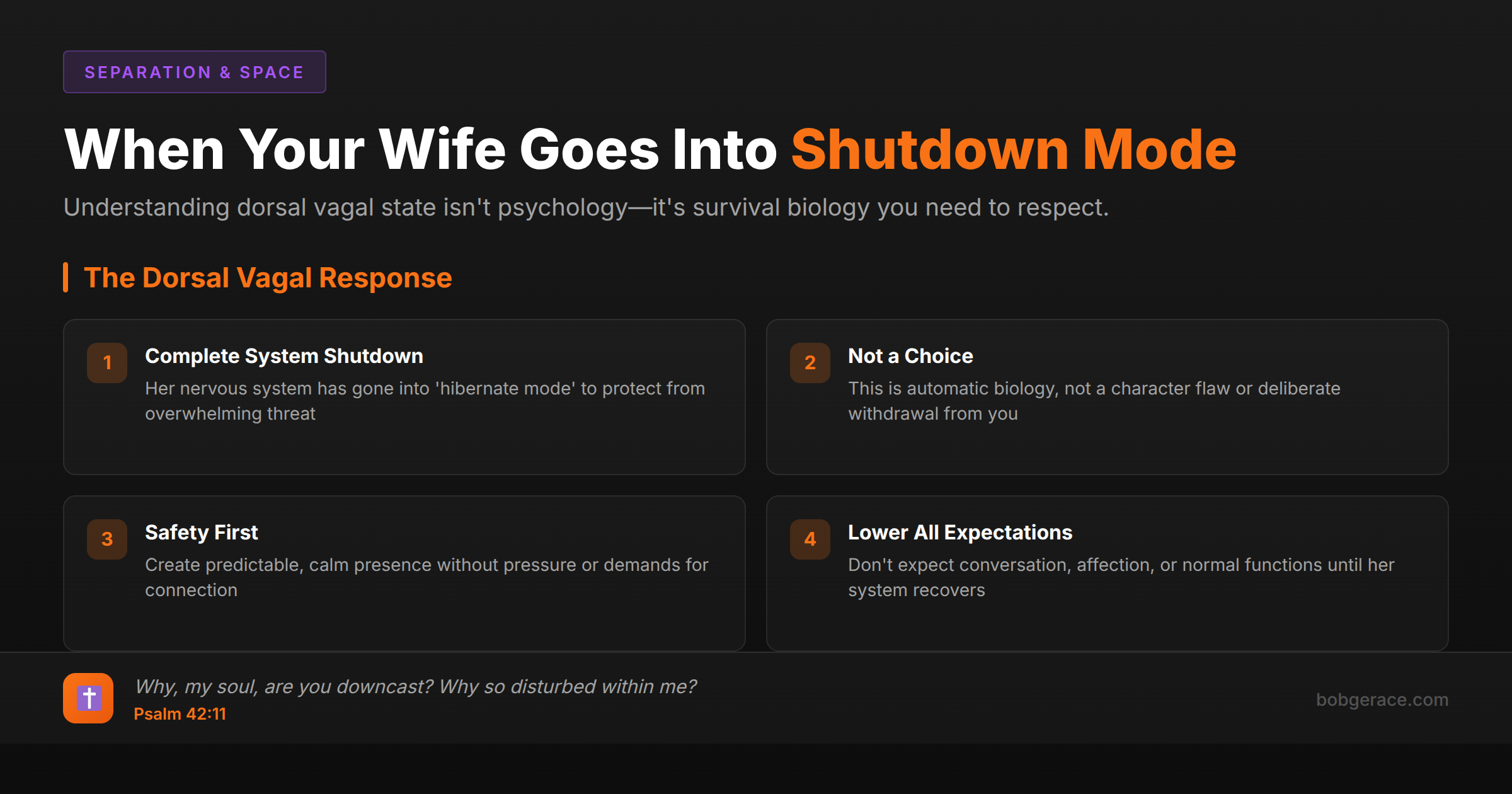 Marriage coaching infographic explaining dorsal vagal shutdown state and how husbands should respond with biblical wisdom