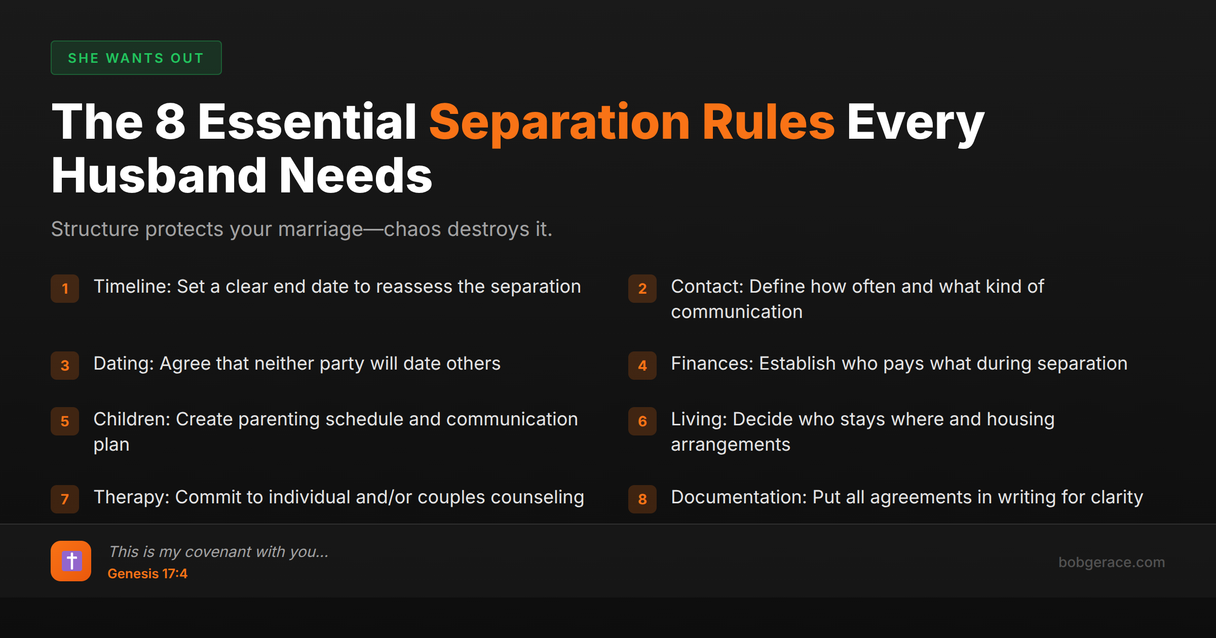 Marriage coaching infographic showing 8 essential separation rules including timeline, contact, dating, finances, children, living arrangements, therapy, and documentation