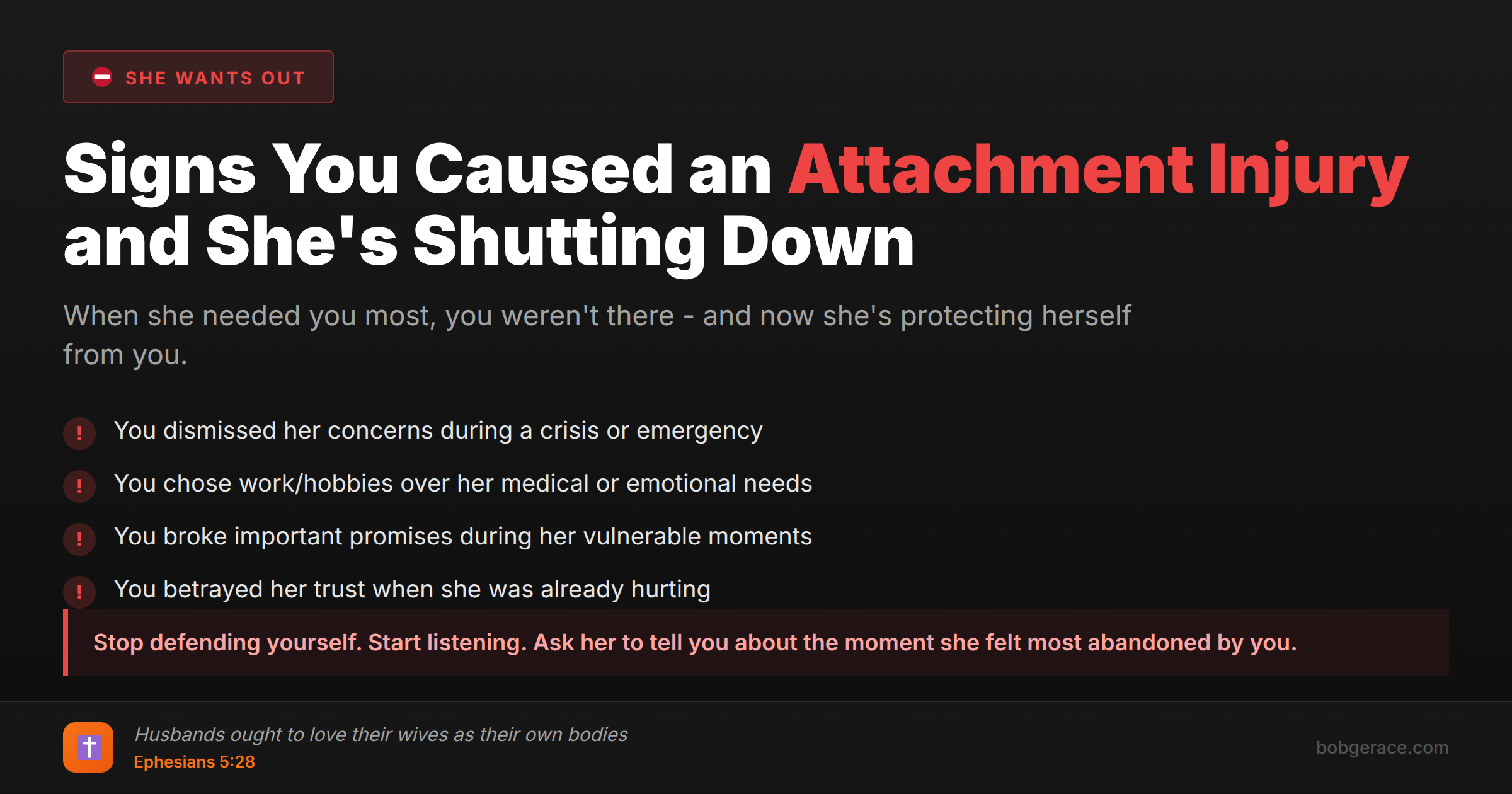 Warning signs that a husband caused attachment injury to his wife, with biblical guidance for marriage restoration