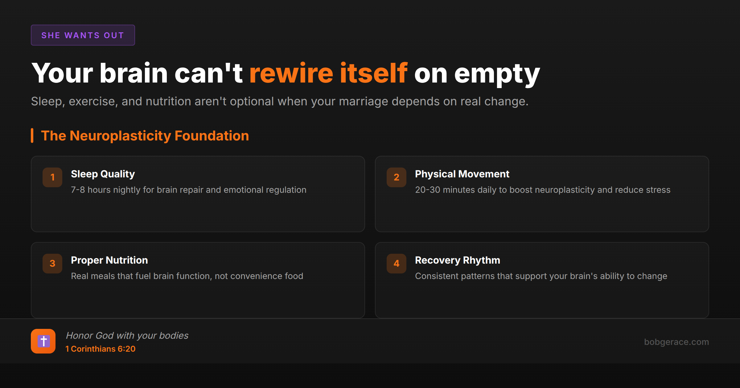 Marriage coaching infographic showing how sleep, exercise, and nutrition affect the brain's ability to change and transform relationships