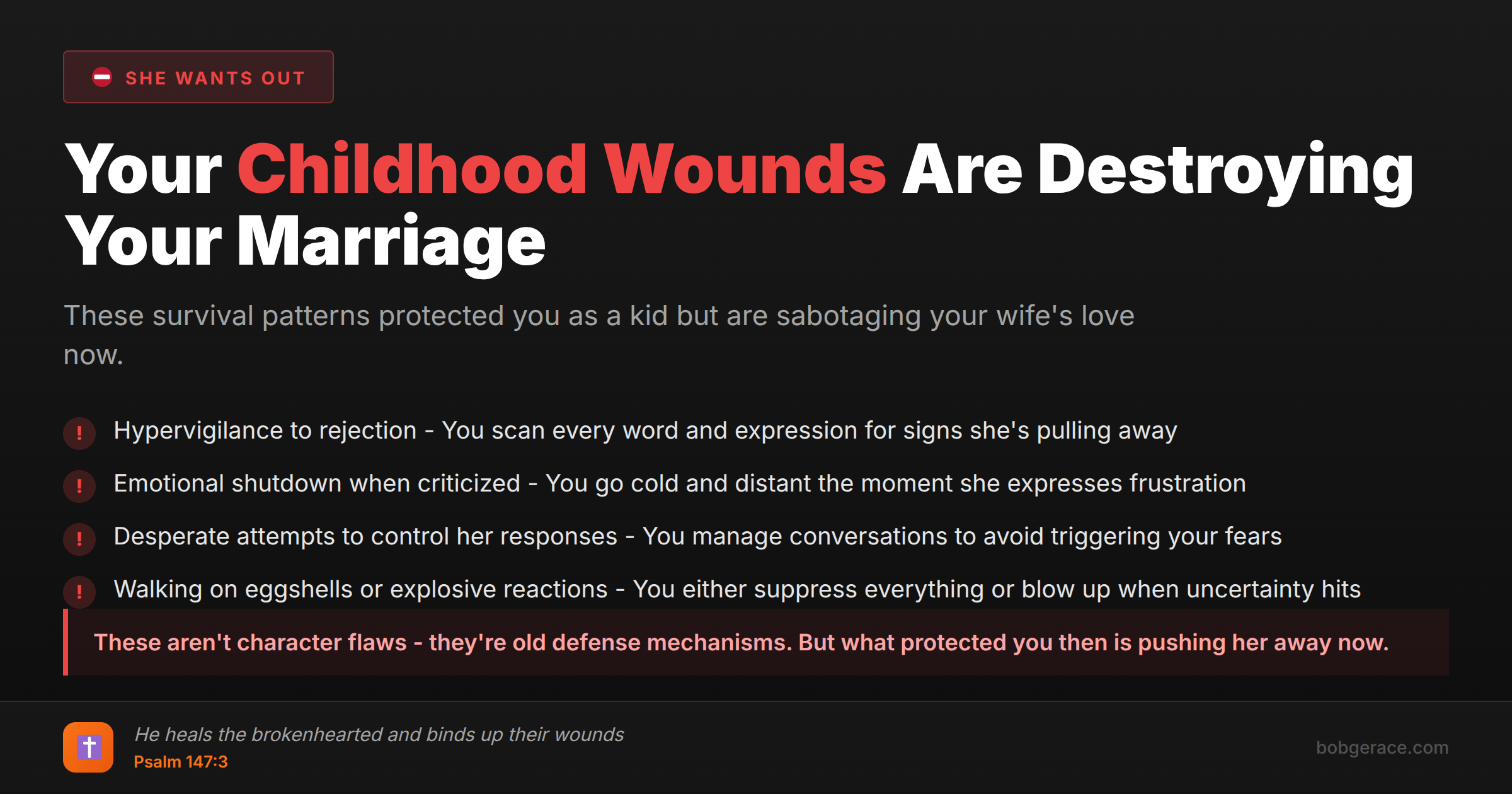 Warning signs that childhood attachment injuries are sabotaging your marriage - hypervigilance, emotional shutdown, control, and explosive reactions