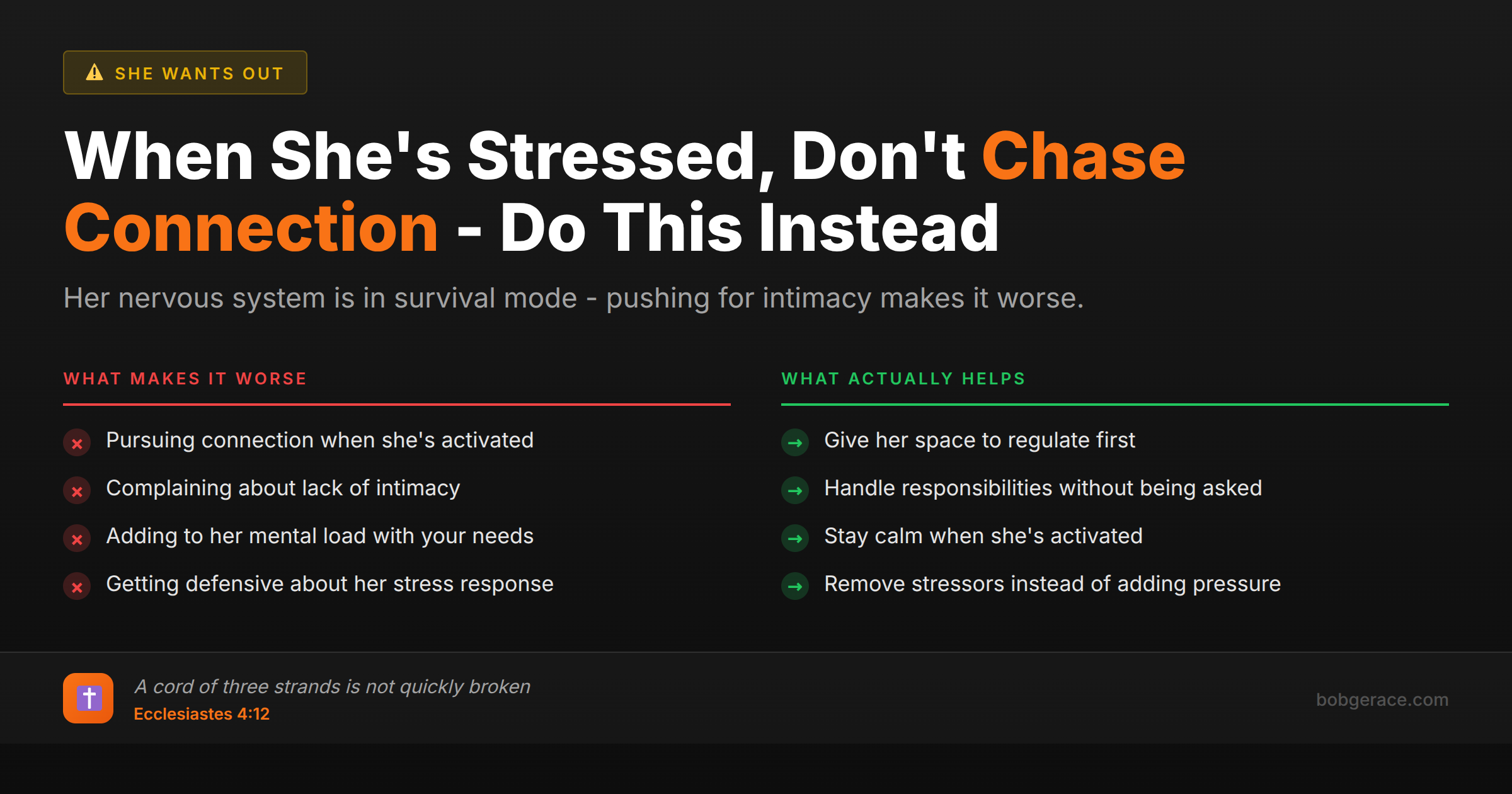 Comparison chart showing wrong vs right approaches when wife is chronically stressed and can't connect emotionally