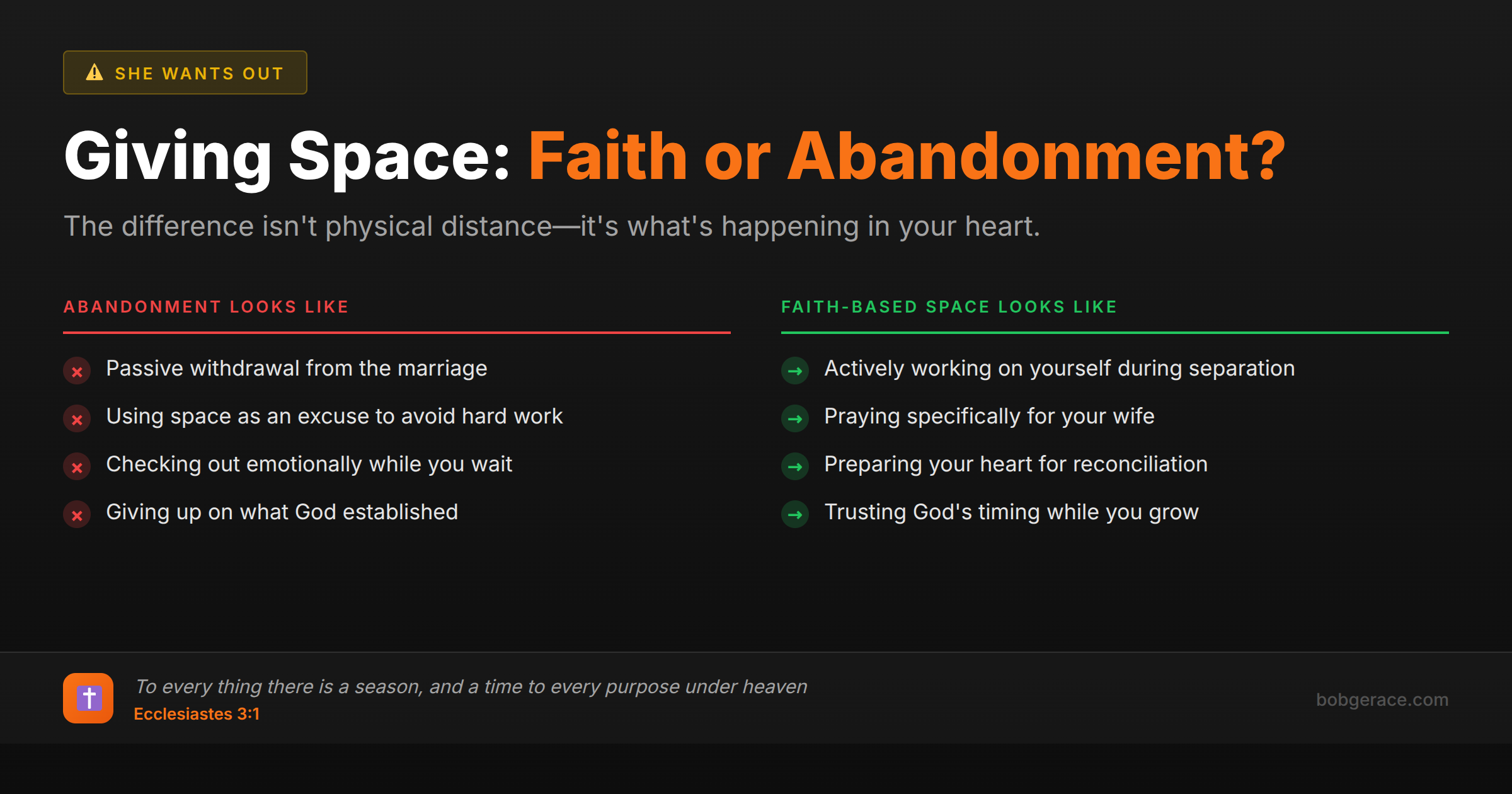 Marriage coaching infographic comparing faith-based space versus abandonment in marriage separation, with biblical wisdom from Ecclesiastes