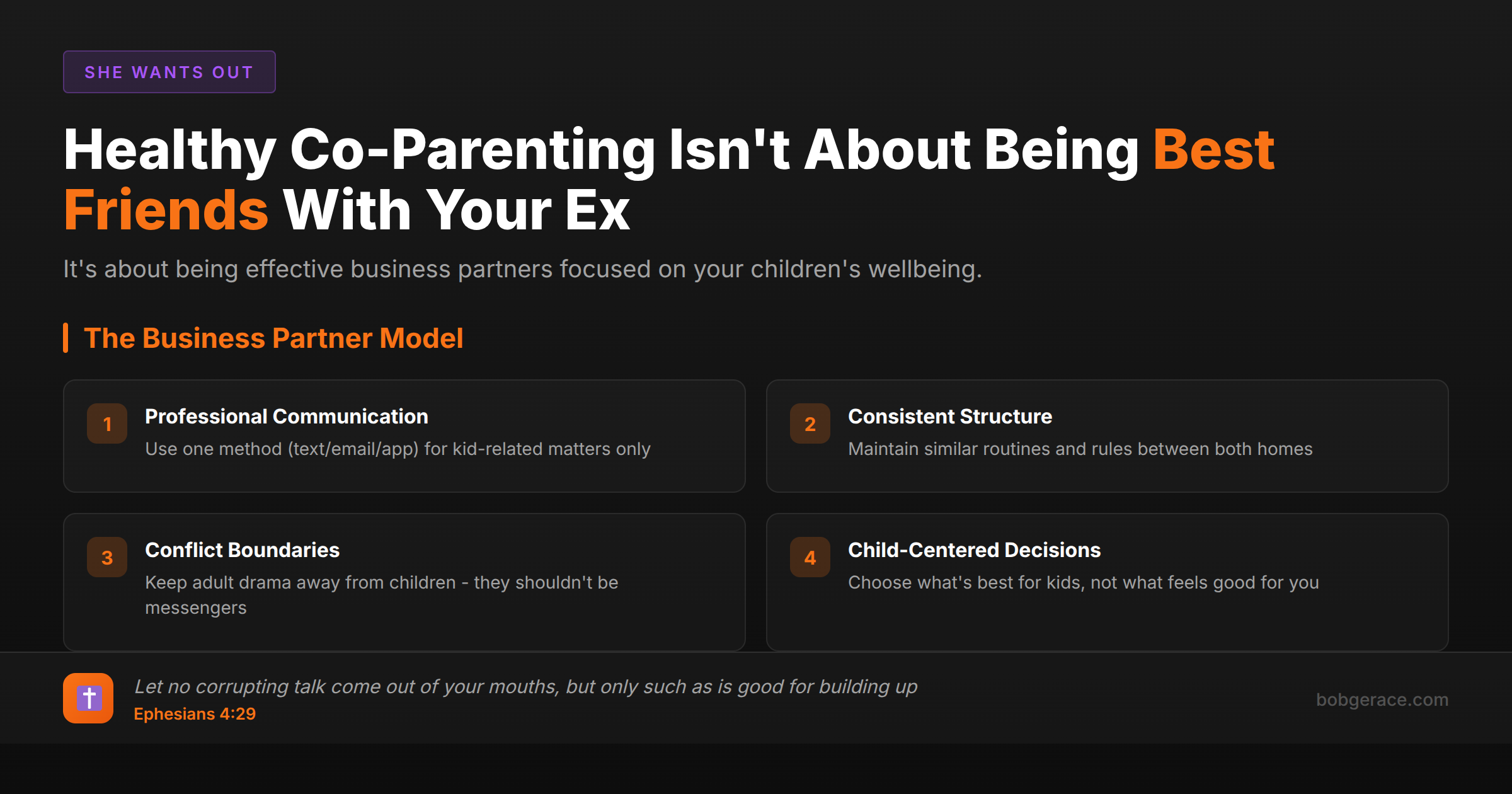 Marriage coaching infographic showing the business partner model for healthy co-parenting after divorce with biblical foundation