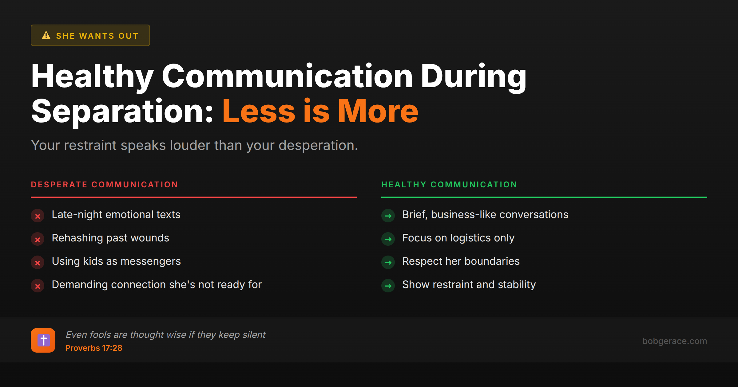 Marriage coaching guide comparing desperate vs healthy communication during separation, emphasizing that less communication is often better