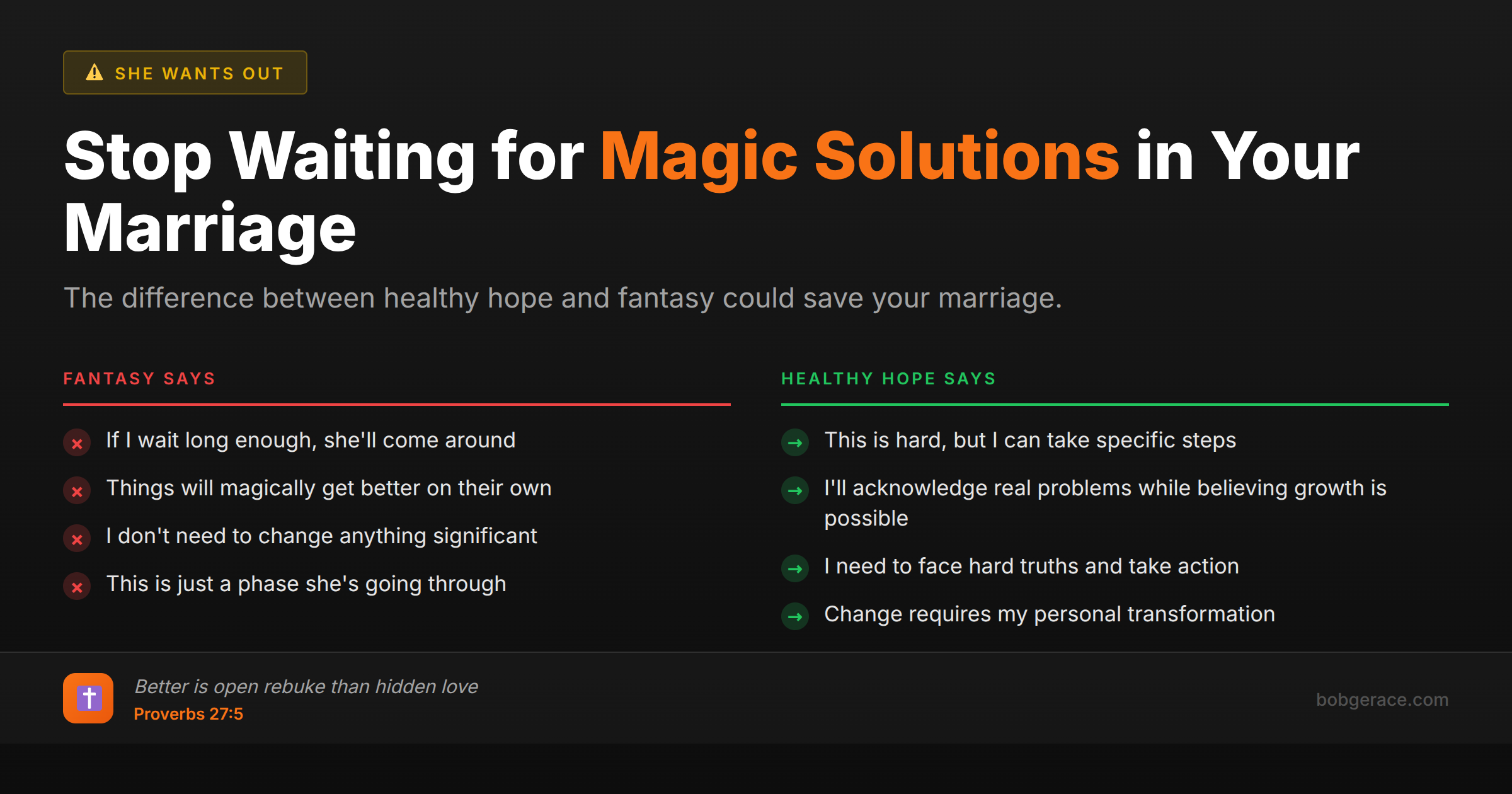 Marriage coaching infographic comparing fantasy thinking versus healthy hope for husbands whose wives want out