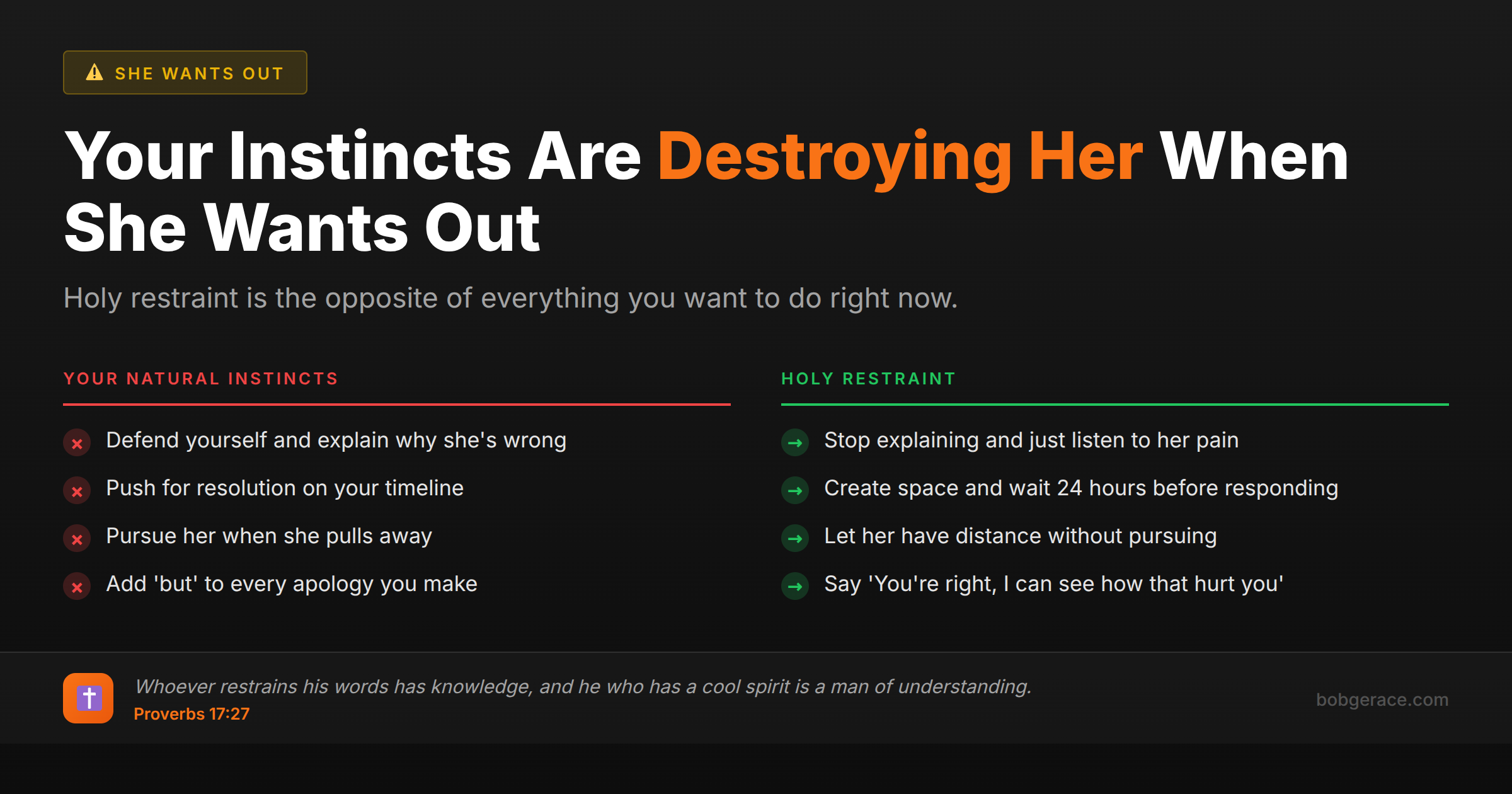 Marriage advice comparing destructive natural instincts versus holy restraint when wife wants to leave