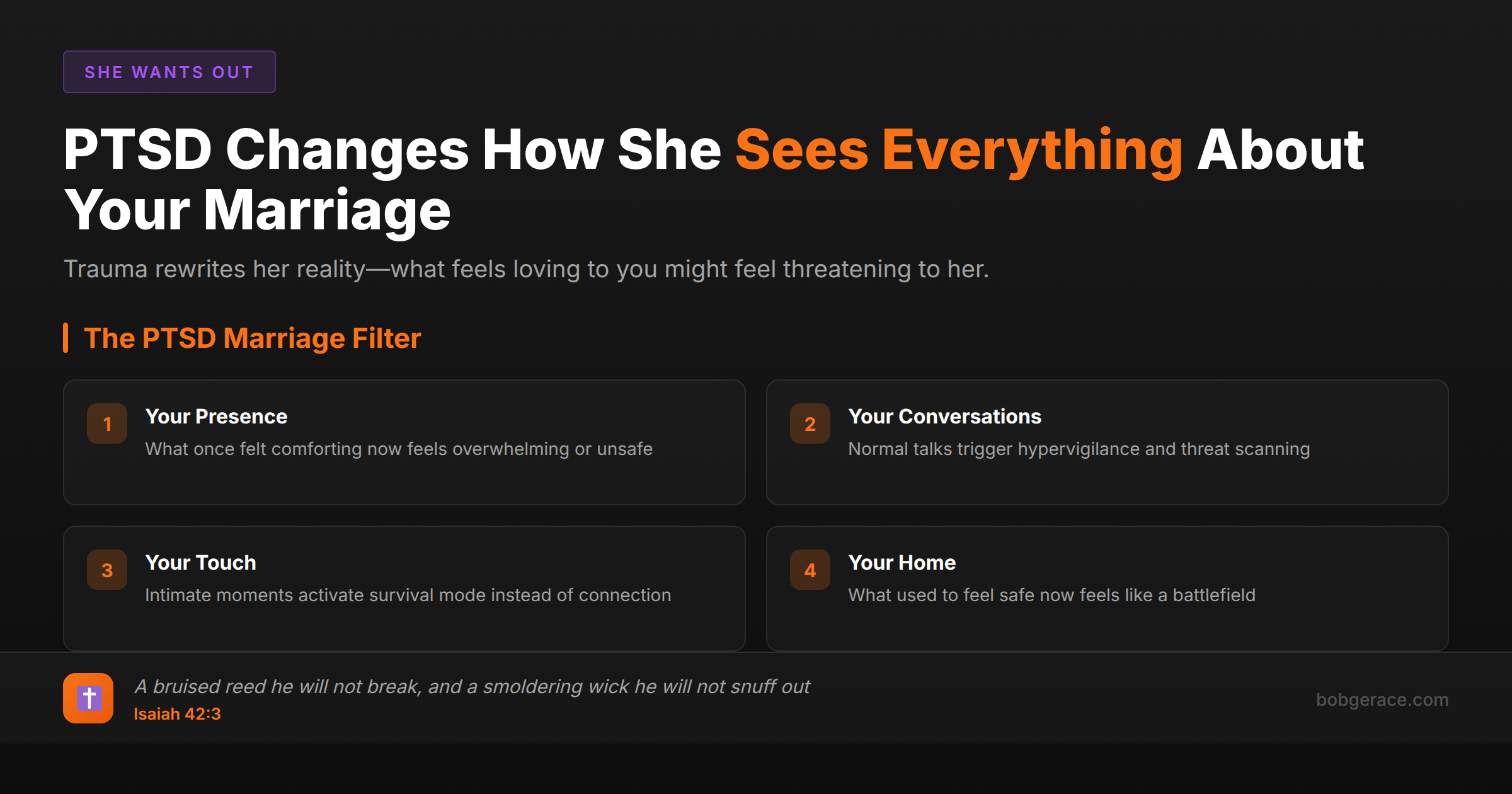 Infographic showing how PTSD affects a wife's perception of marriage interactions, with biblical guidance for husbands