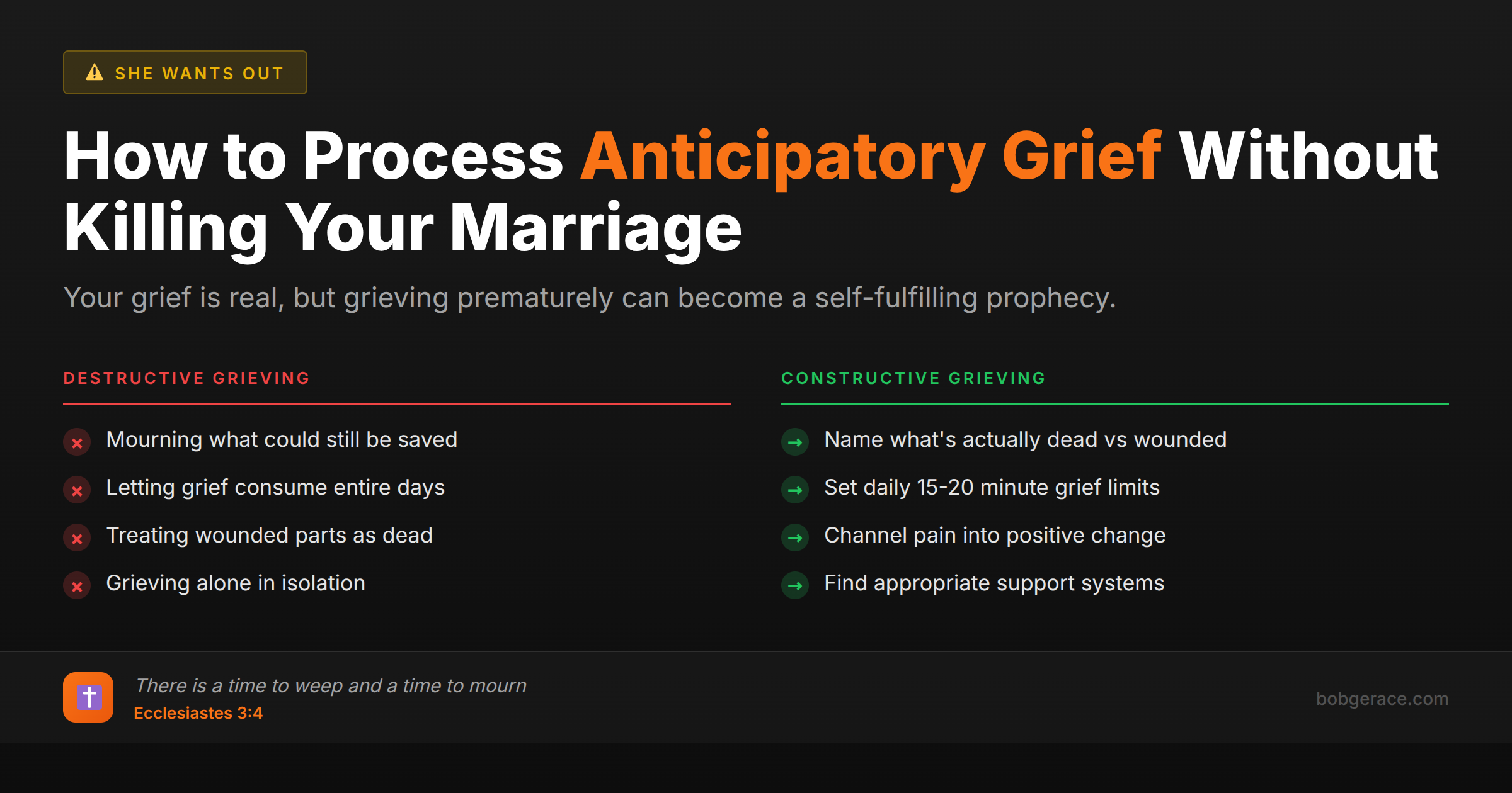 Marriage coaching advice comparing destructive vs constructive ways to process anticipatory grief in a struggling marriage