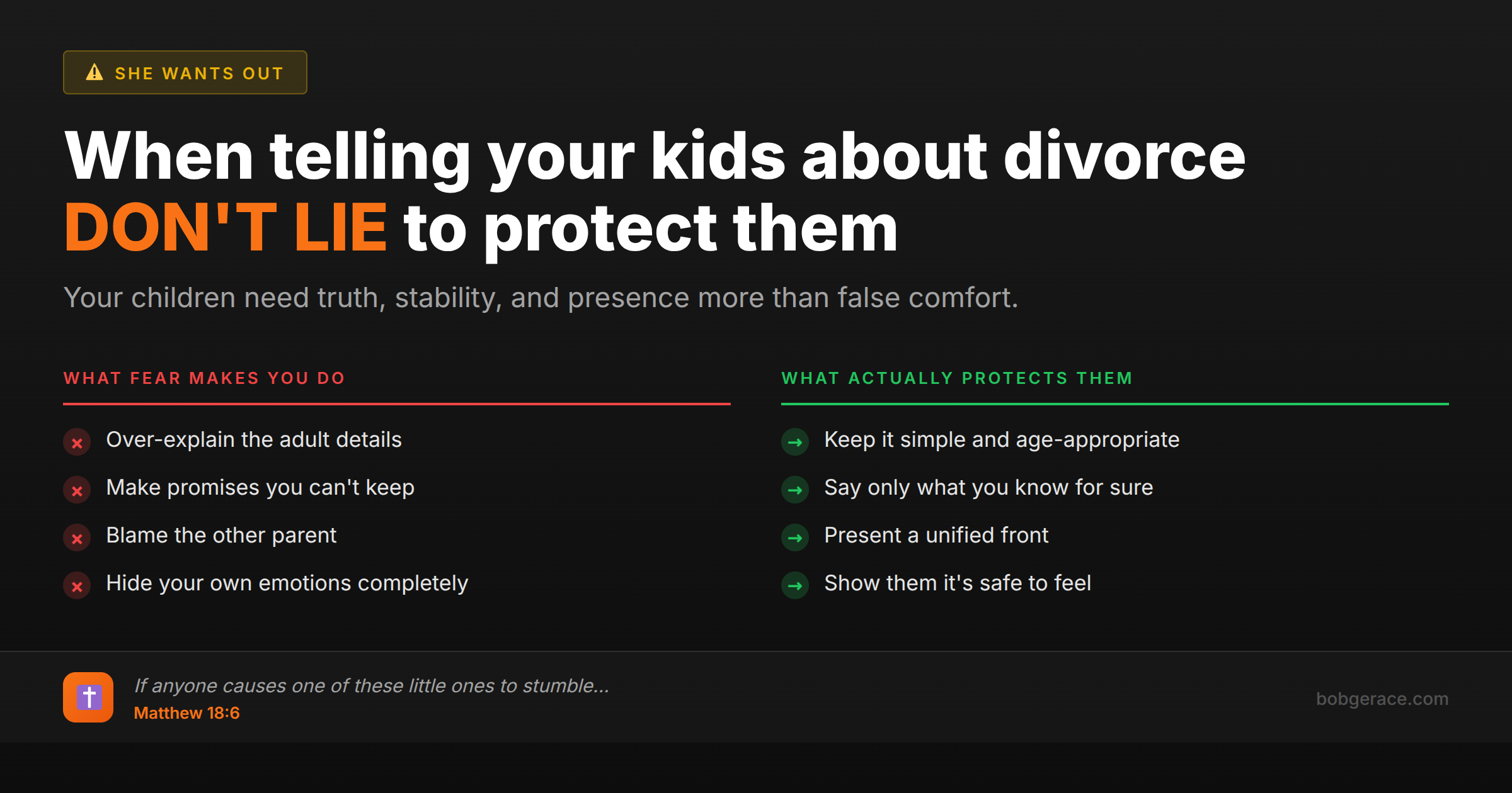 Comparison chart showing wrong vs right ways to tell children about divorce, with biblical guidance from Matthew 18:6