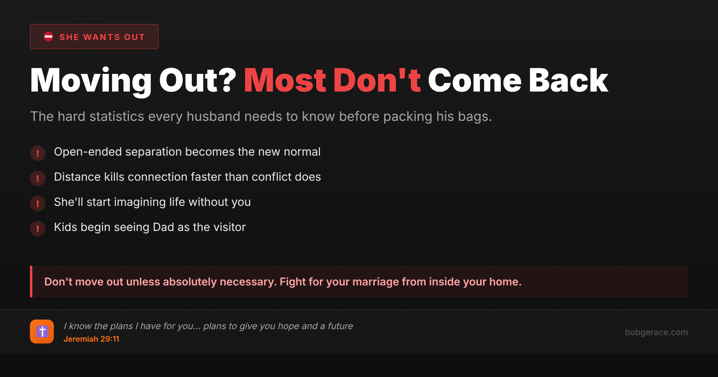 Marriage coaching advice warning husbands about the statistics of moving out during marital problems