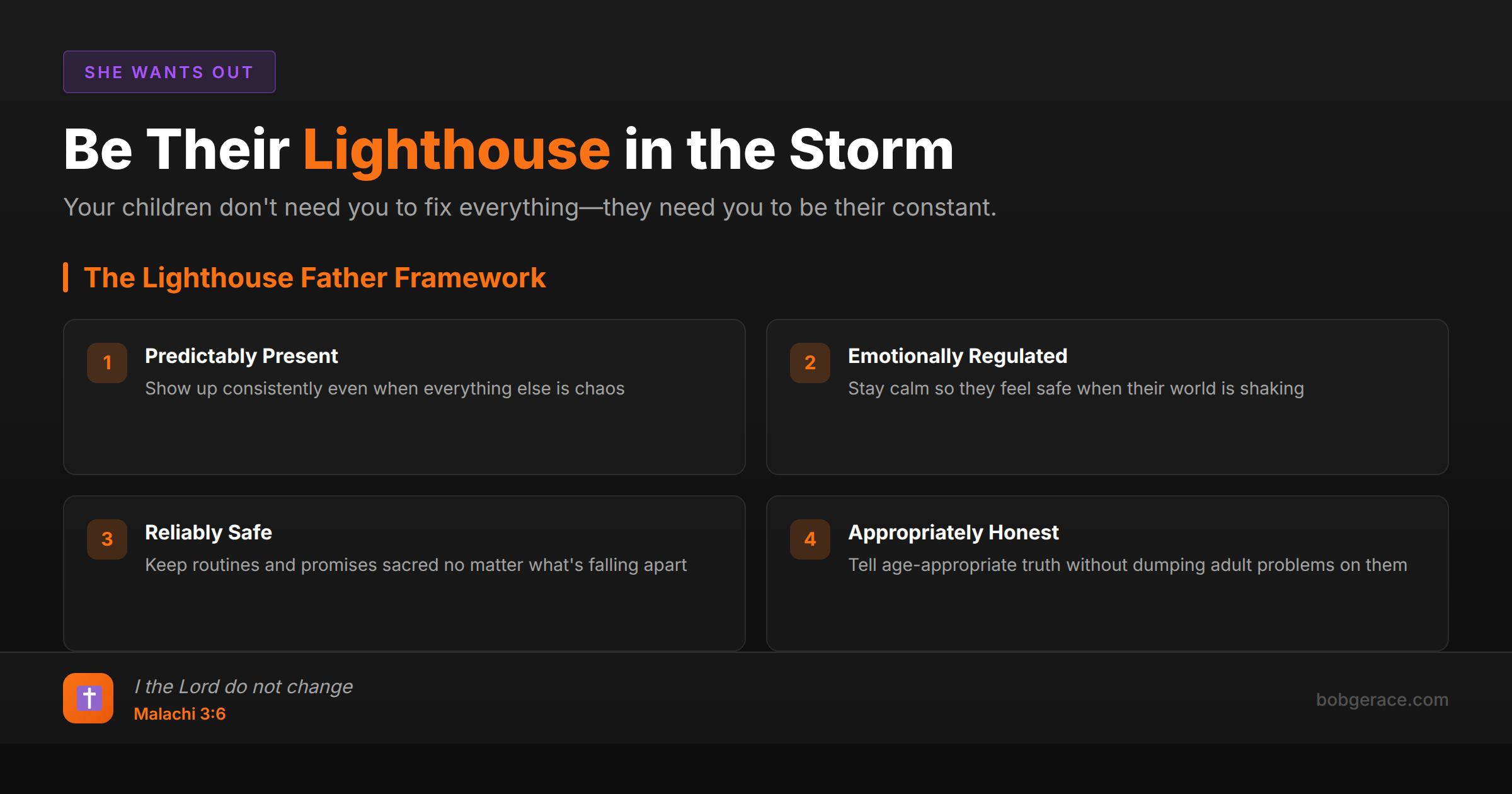 Marriage coaching framework showing how fathers can provide stability for children during marital crisis by being their lighthouse in the storm