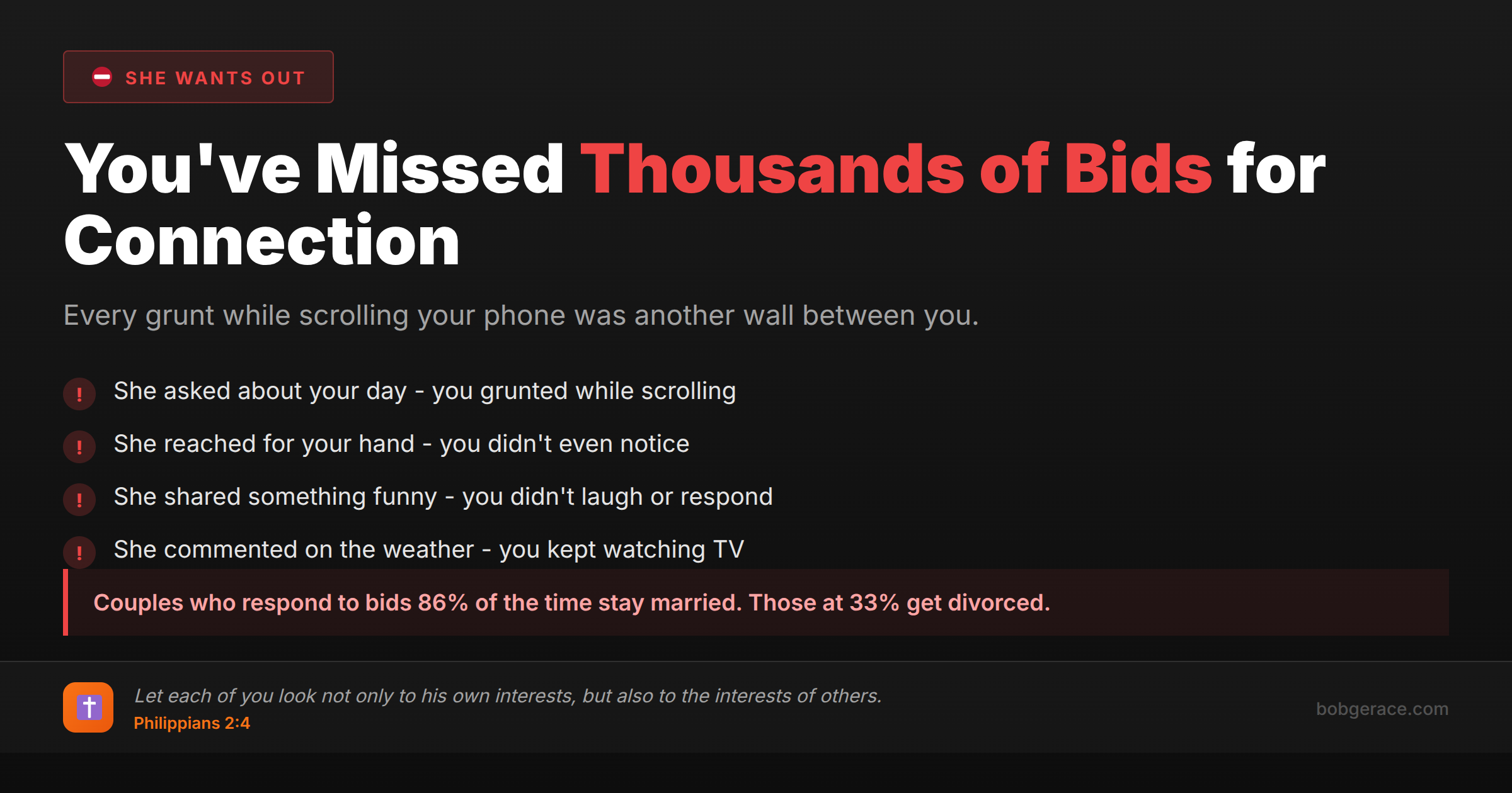 Marriage coaching warning about missing bids for connection with biblical guidance from Philippians 2:4