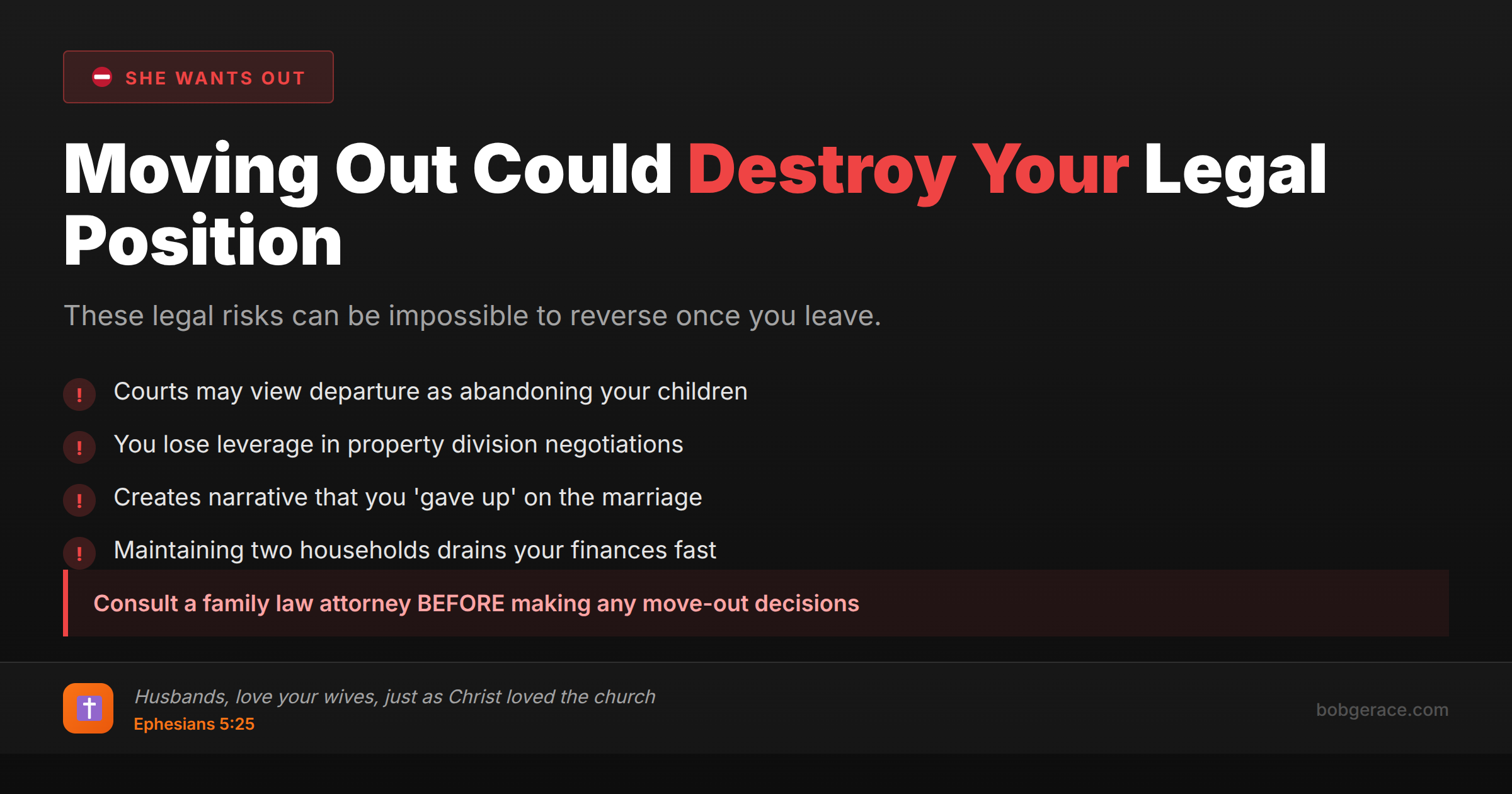 Warning infographic about legal risks of moving out during marriage separation for men