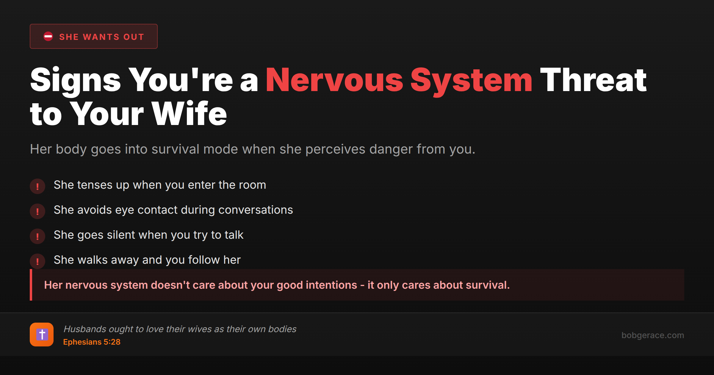 Marriage coaching infographic showing warning signs that a husband is perceived as a nervous system threat by his wife, with biblical guidance from Ephesians 5:28