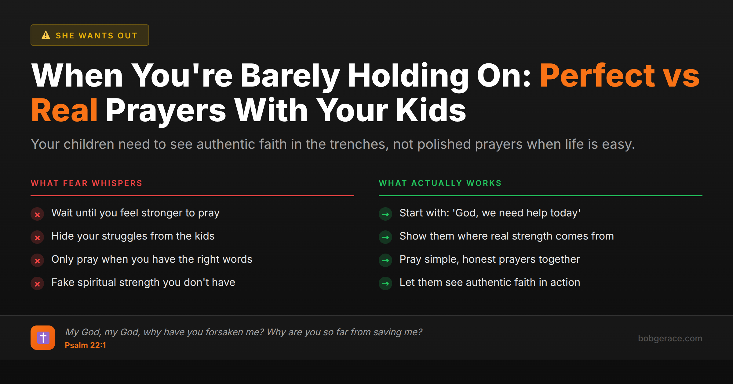 Comparison chart showing the difference between hiding struggles vs showing authentic faith when praying with children during difficult times